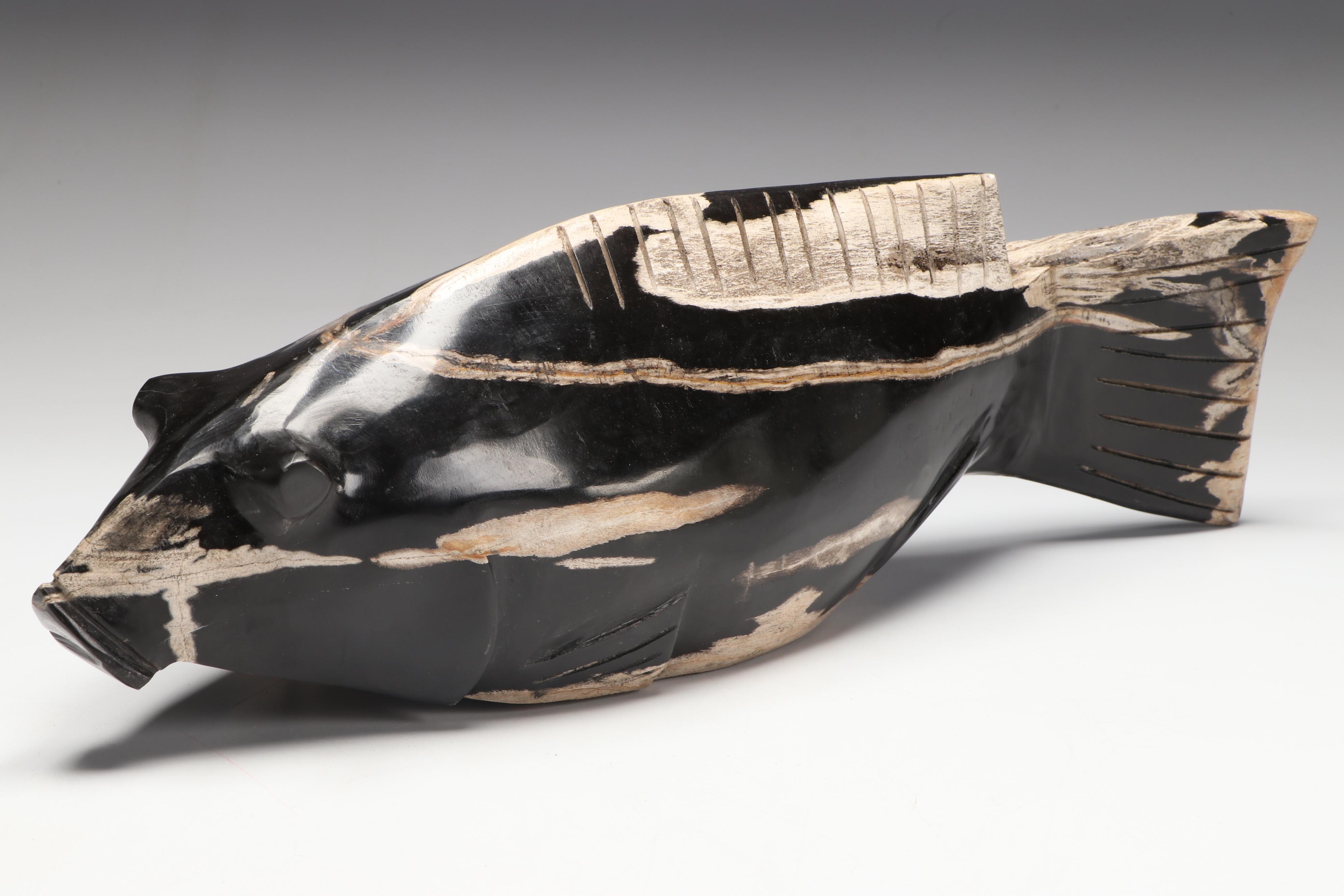 Hand-Carved Black Petrified Wood Catfish
