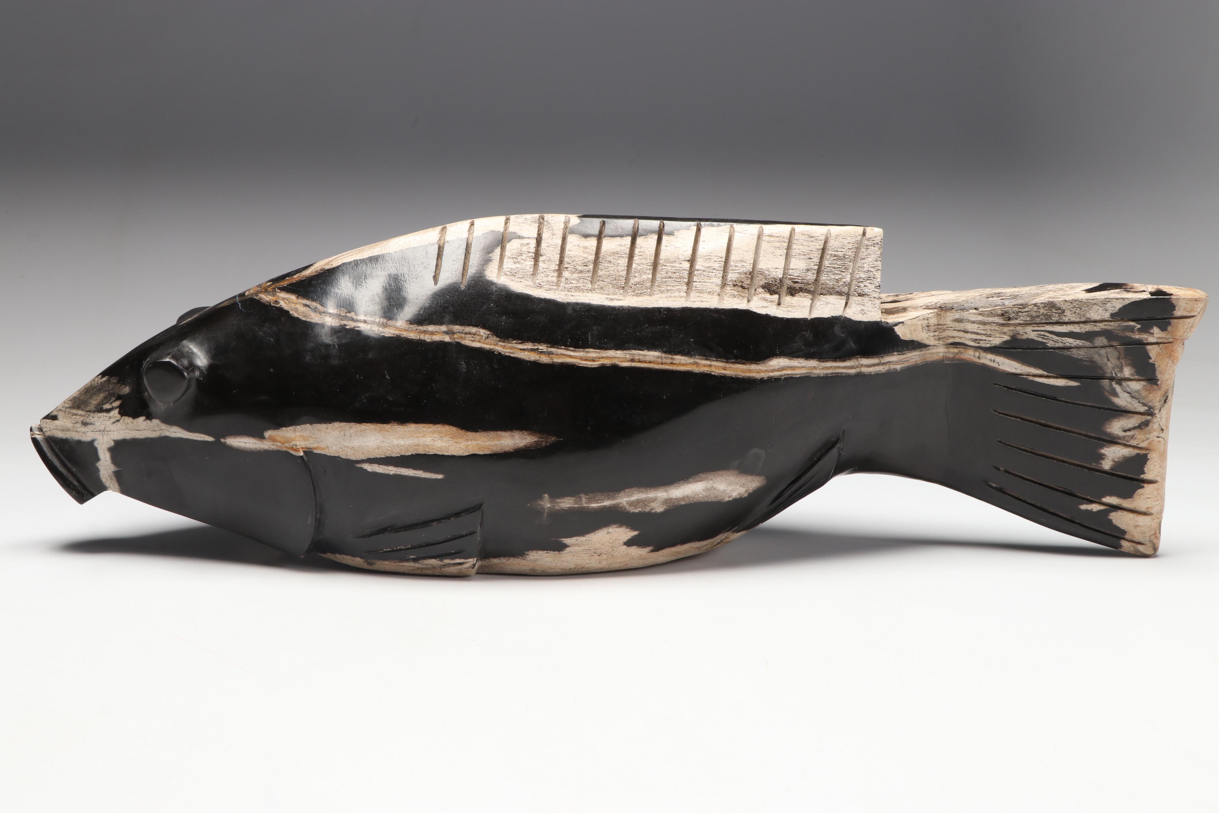 Hand-Carved Black Petrified Wood Catfish