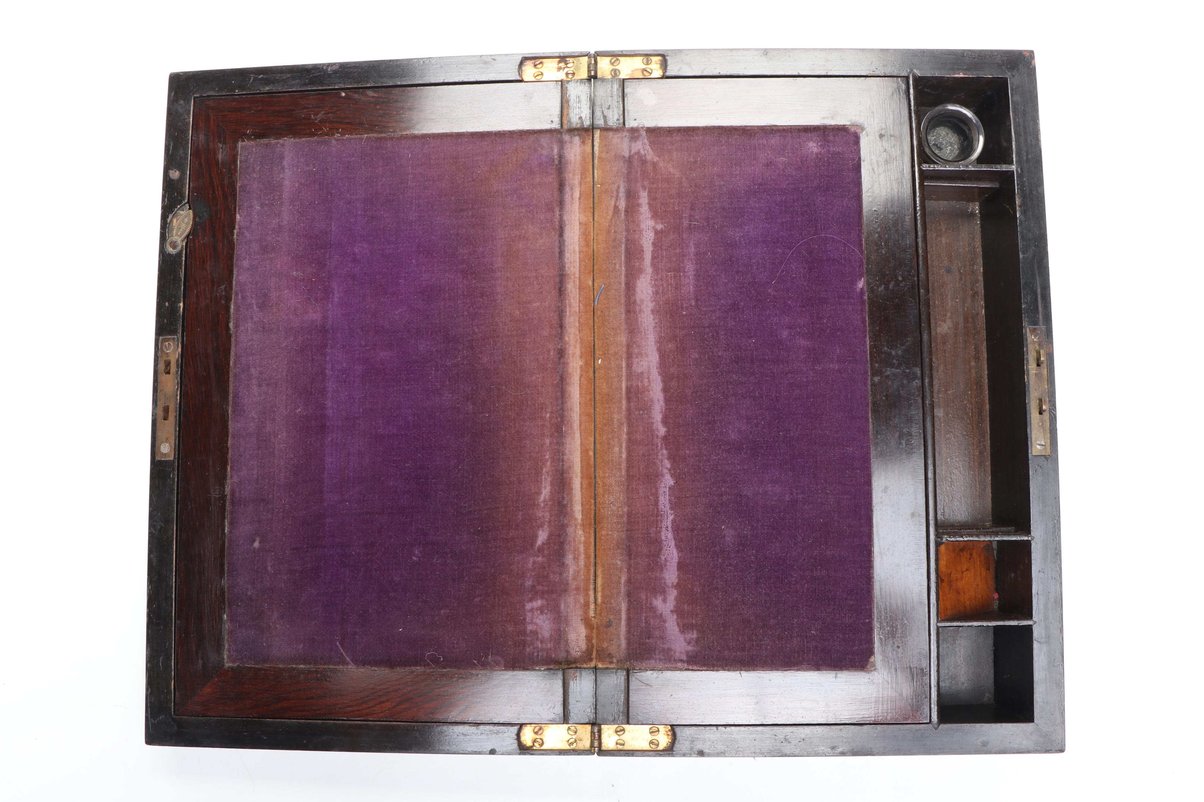 Victorian Rosewood and Brass Inlay Lap Desk, Mid to Late 19th Century