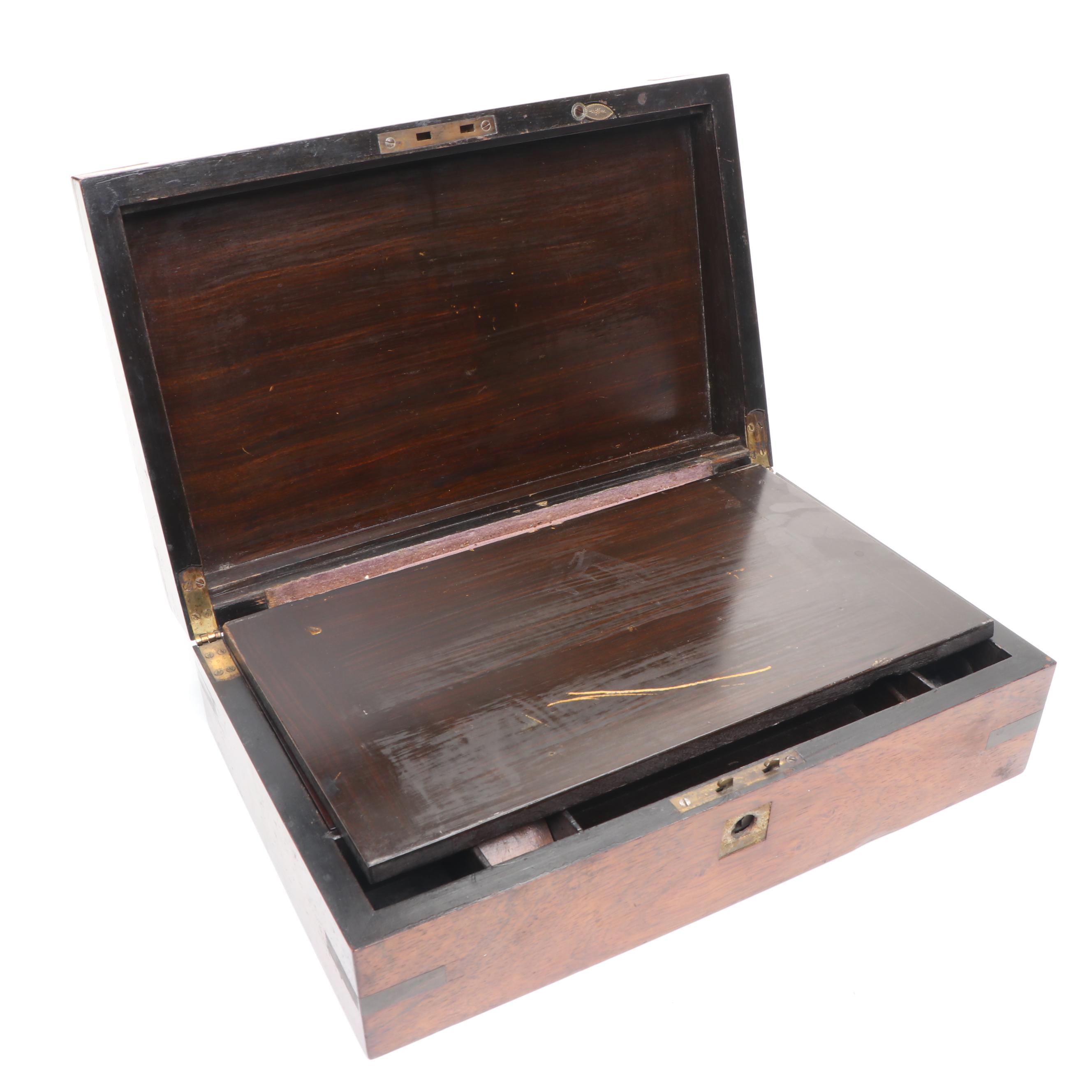 Victorian Rosewood and Brass Inlay Lap Desk, Mid to Late 19th Century