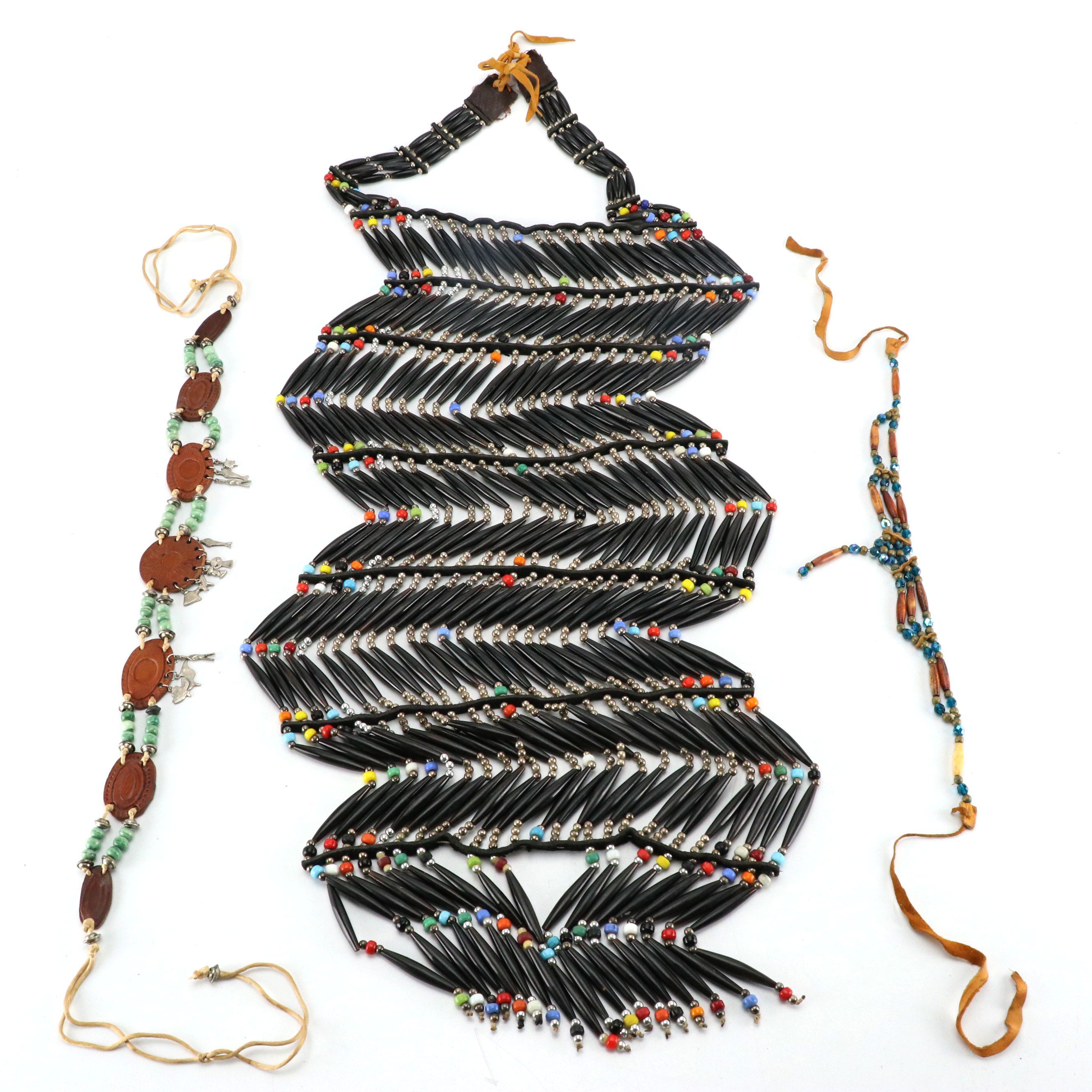 Native American Style Hairpipe Breast Plate with Leather & Bead Belt, Necklace