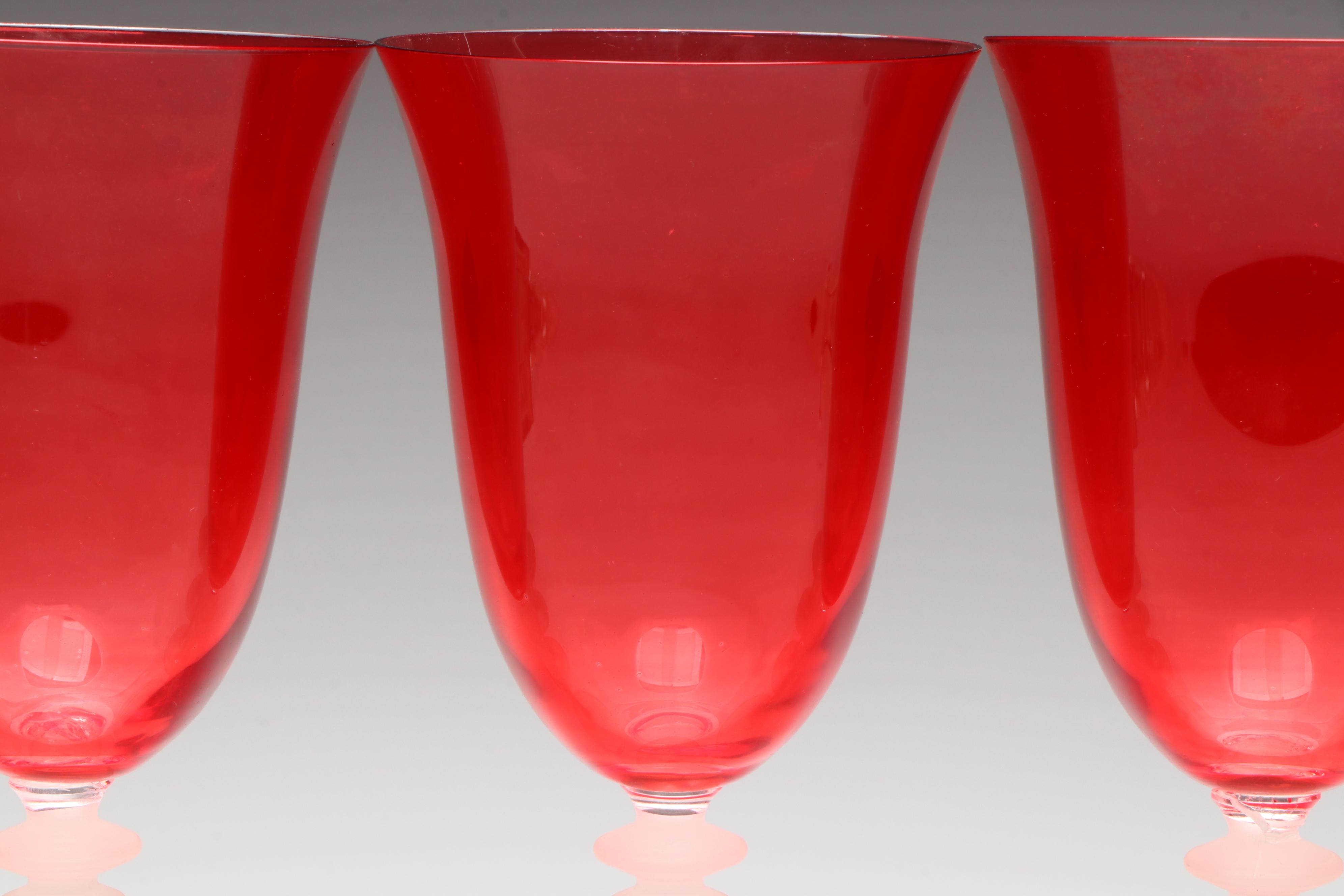 Venetian Style Red Glass Wine Glasses with Frosted Stems