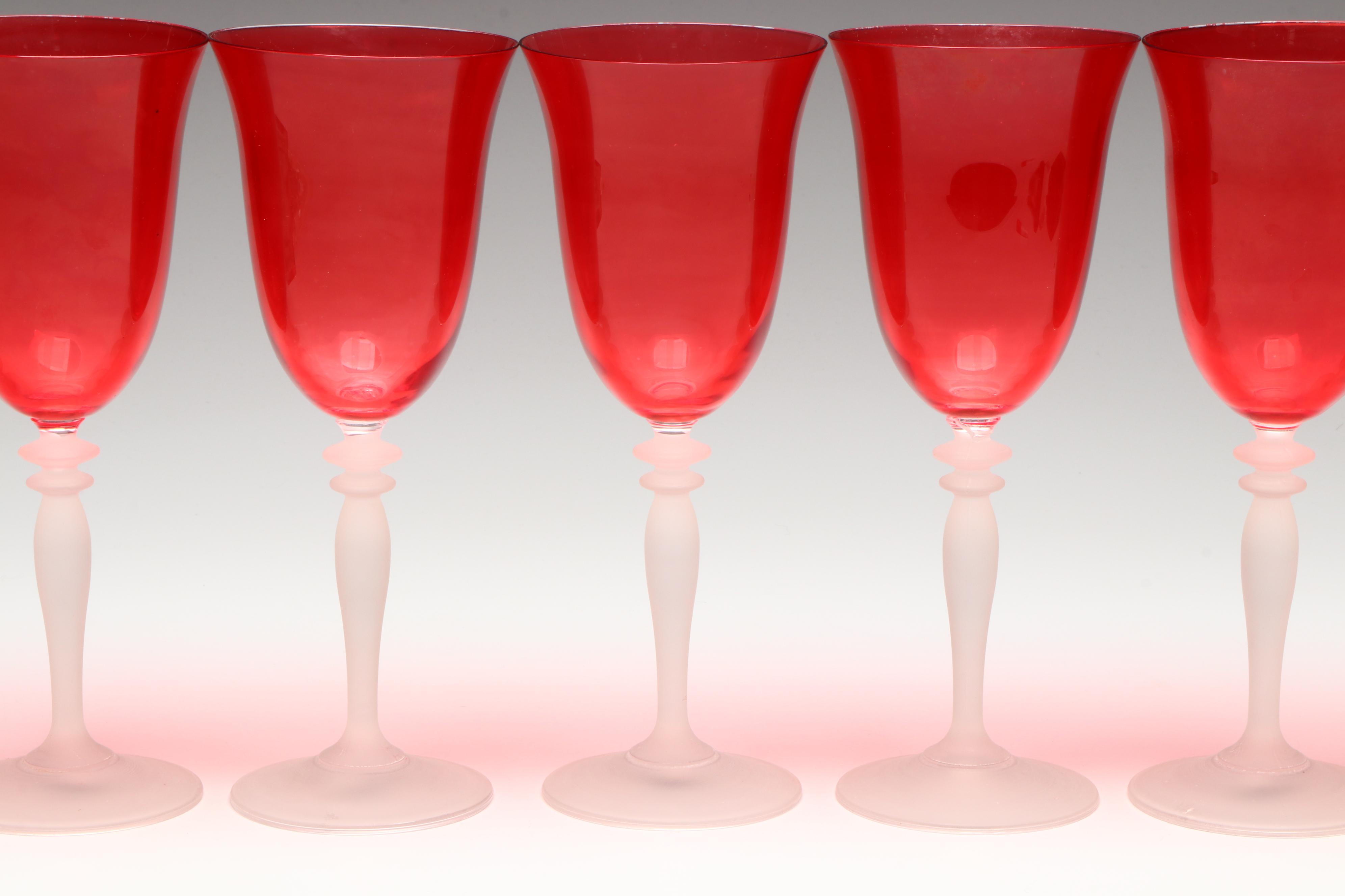 Venetian Style Red Glass Wine Glasses with Frosted Stems