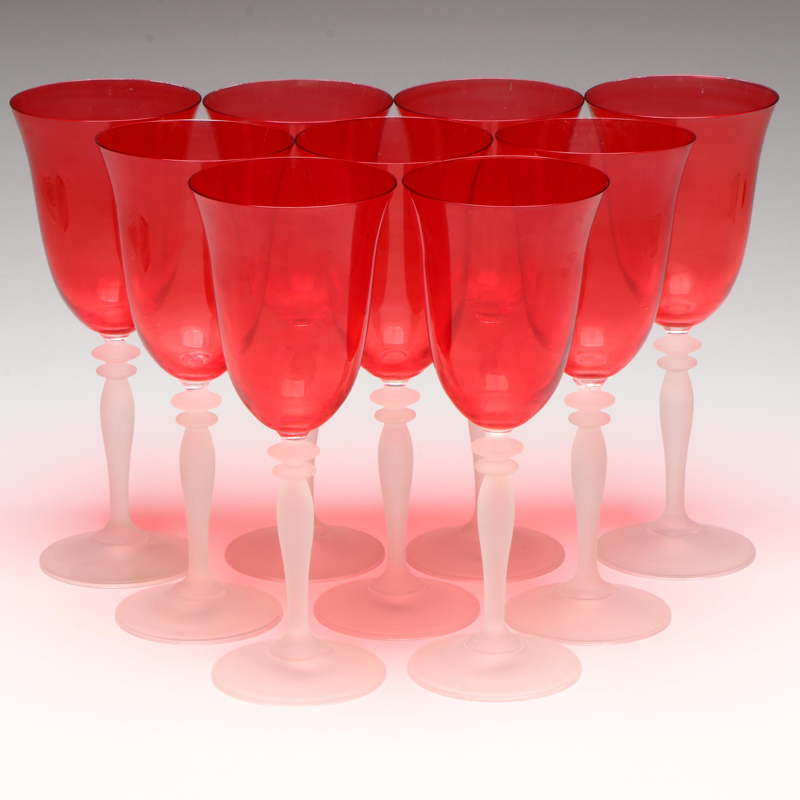 Venetian Style Red Glass Wine Glasses with Frosted Stems