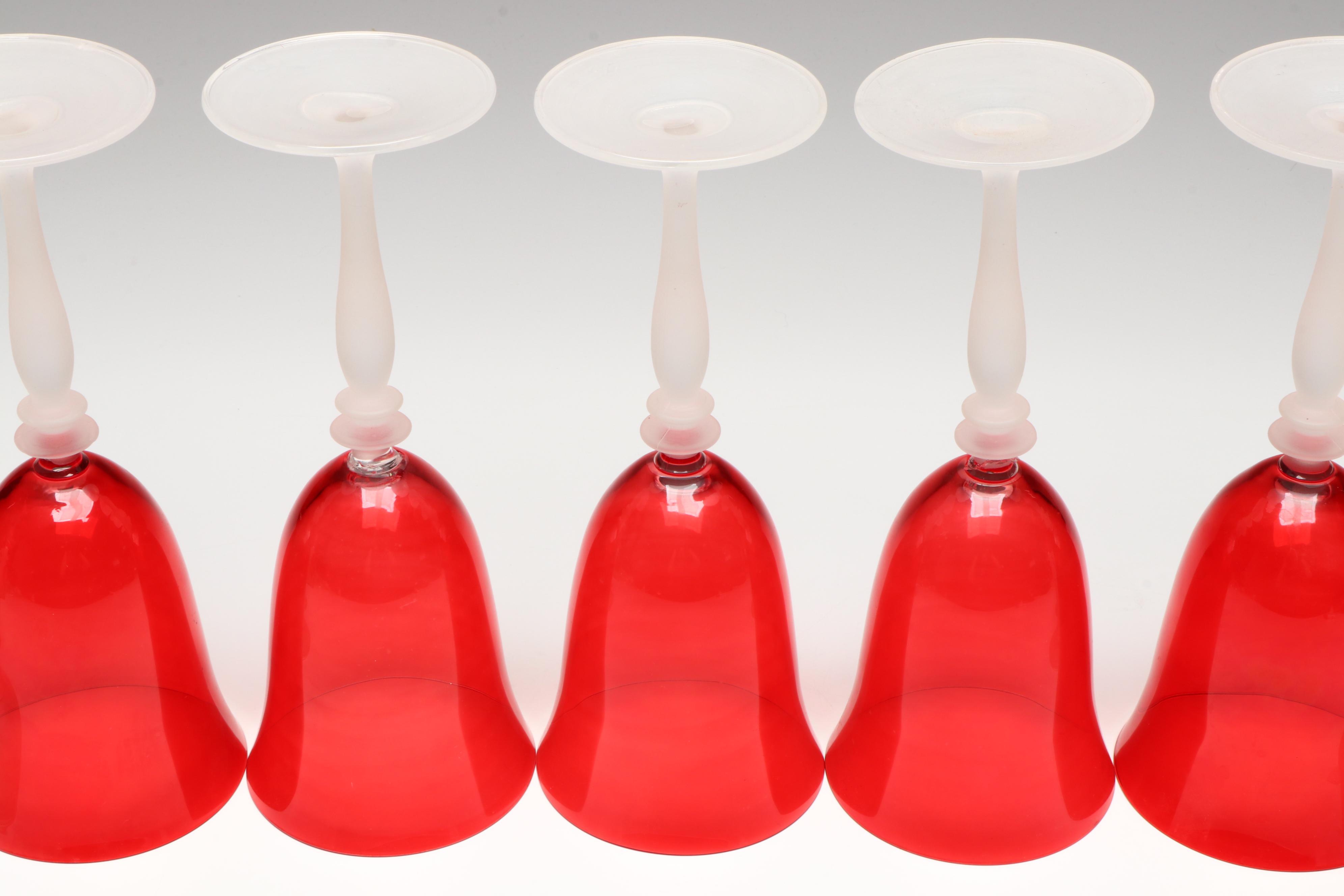 Venetian Style Red Glass Wine Glasses with Frosted Stems