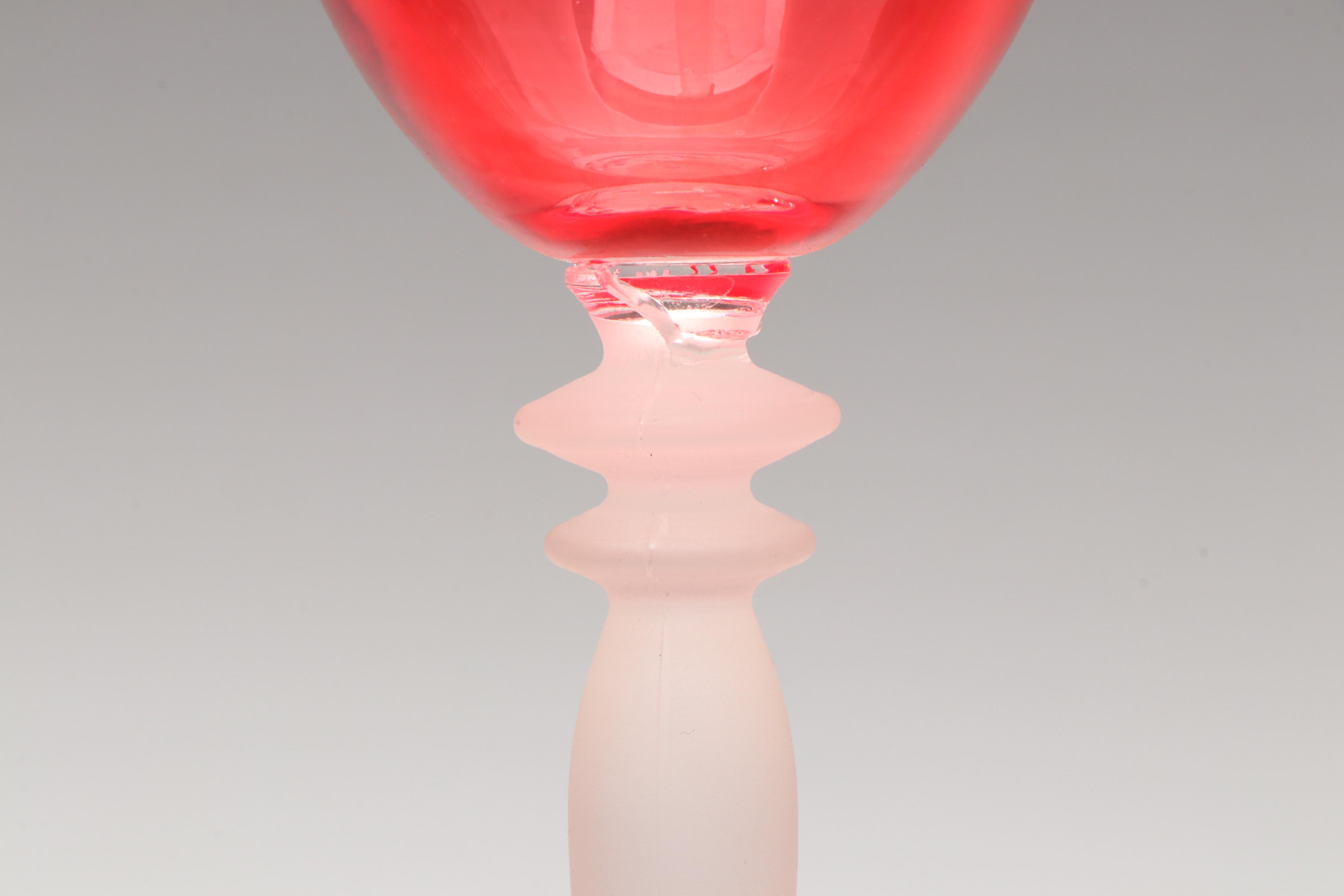 Venetian Style Red Glass Wine Glasses with Frosted Stems