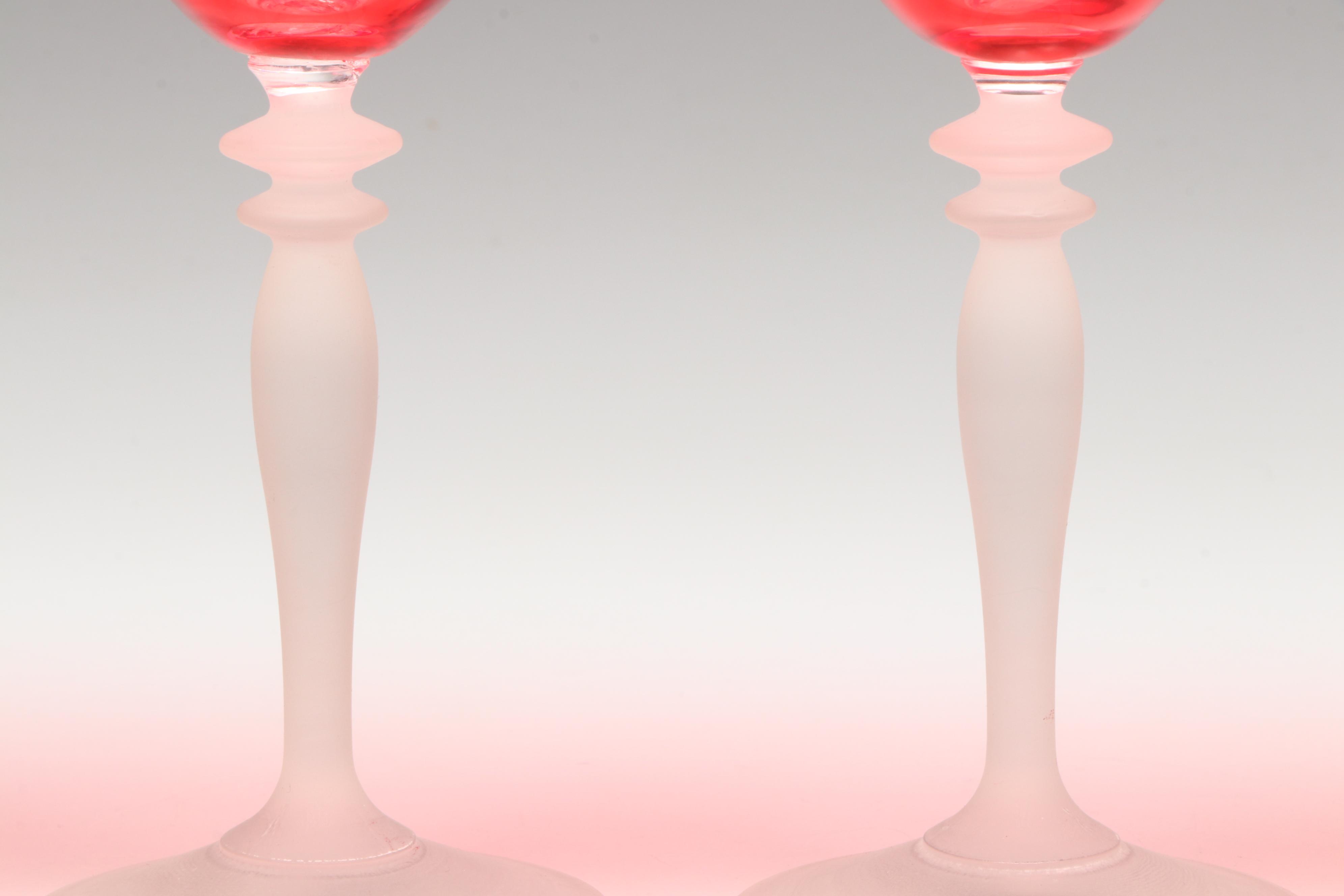 Venetian Style Red Glass Wine Glasses with Frosted Stems