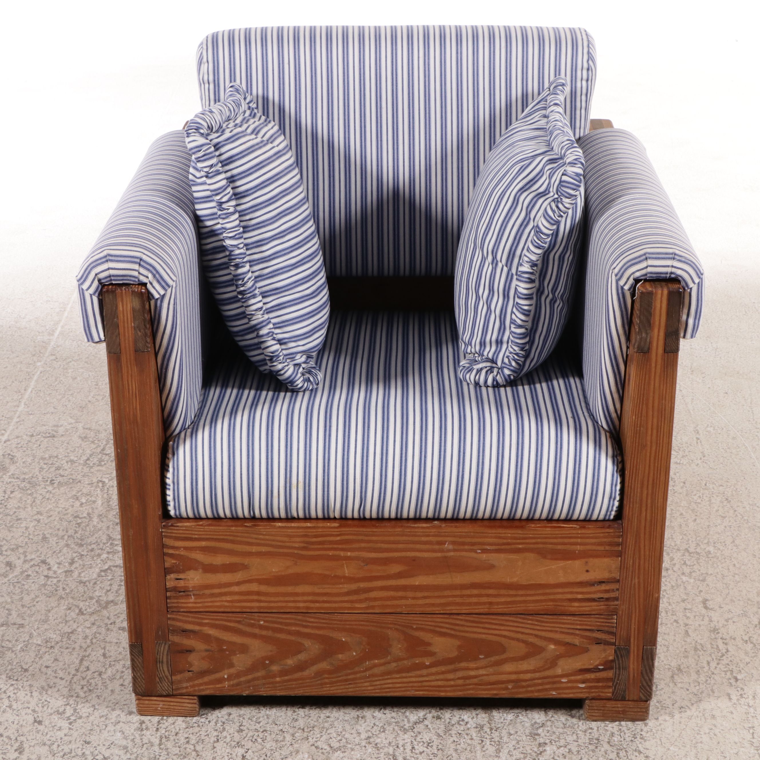 This End Up Blue Striped Fabric Upholstered Pine Armchair and Ottoman