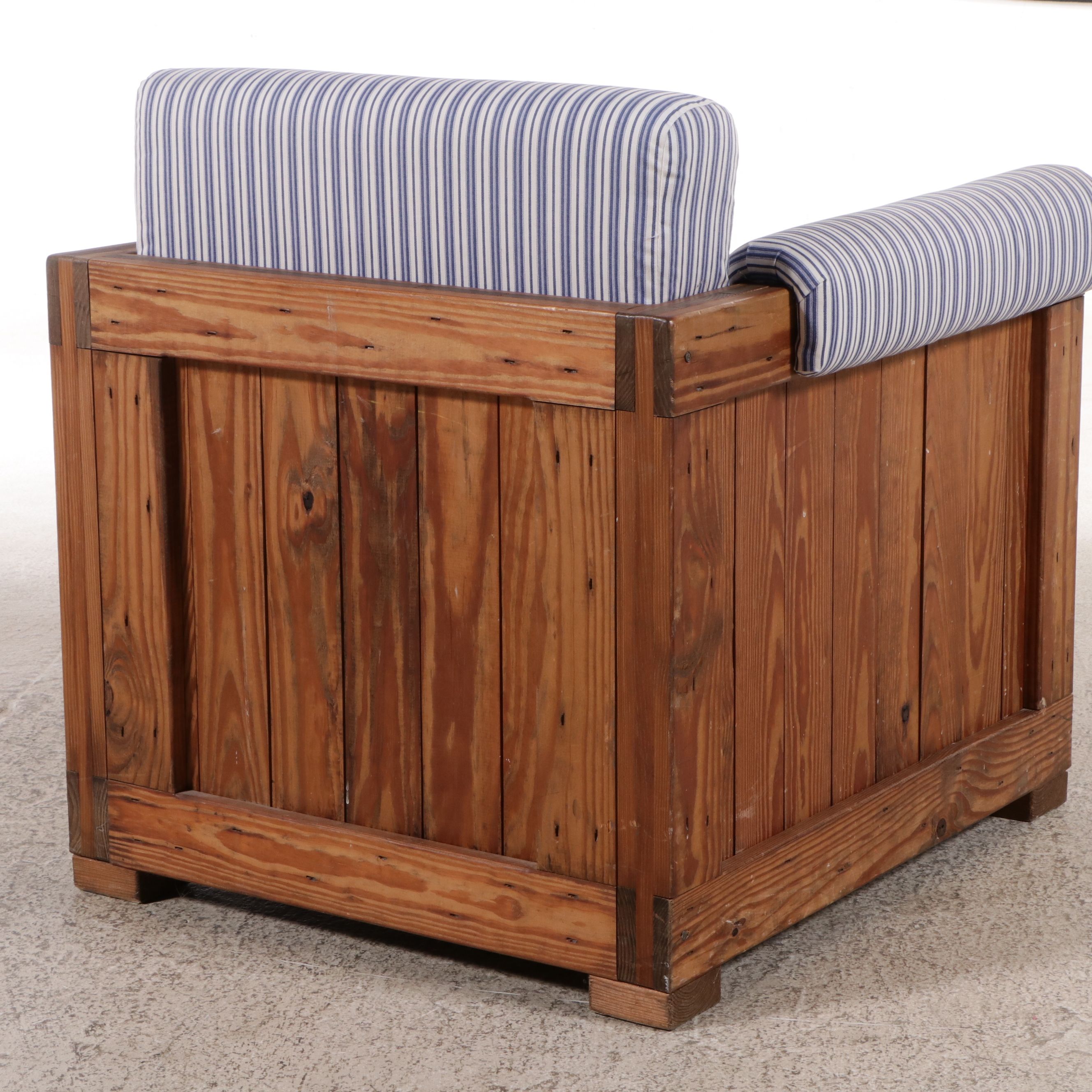 This End Up Blue Striped Fabric Upholstered Pine Armchair and Ottoman