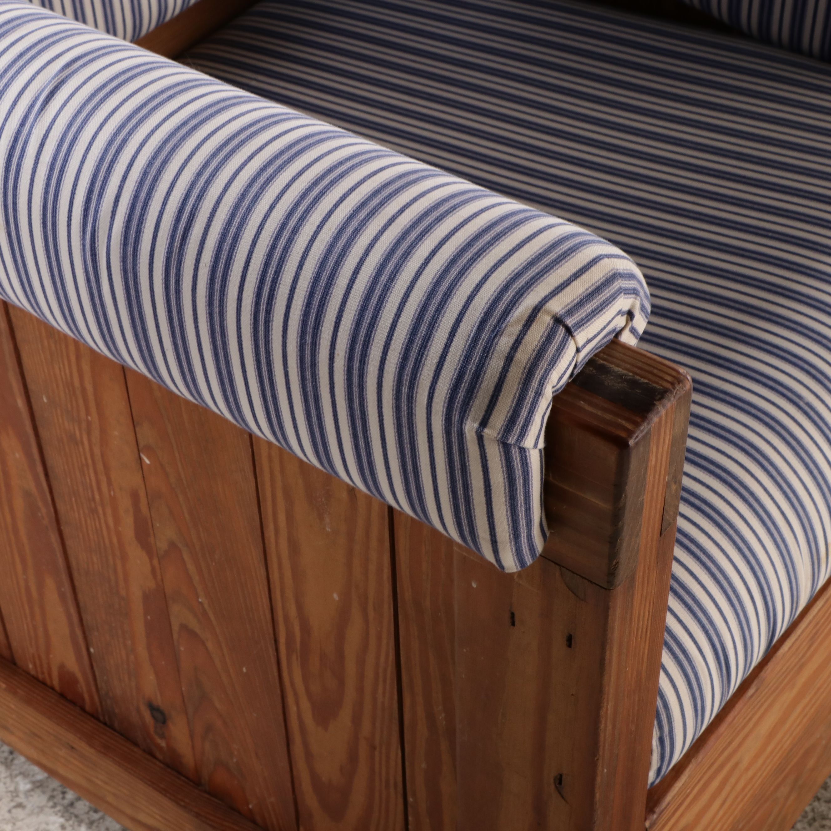 This End Up Blue Striped Fabric Upholstered Pine Armchair and Ottoman