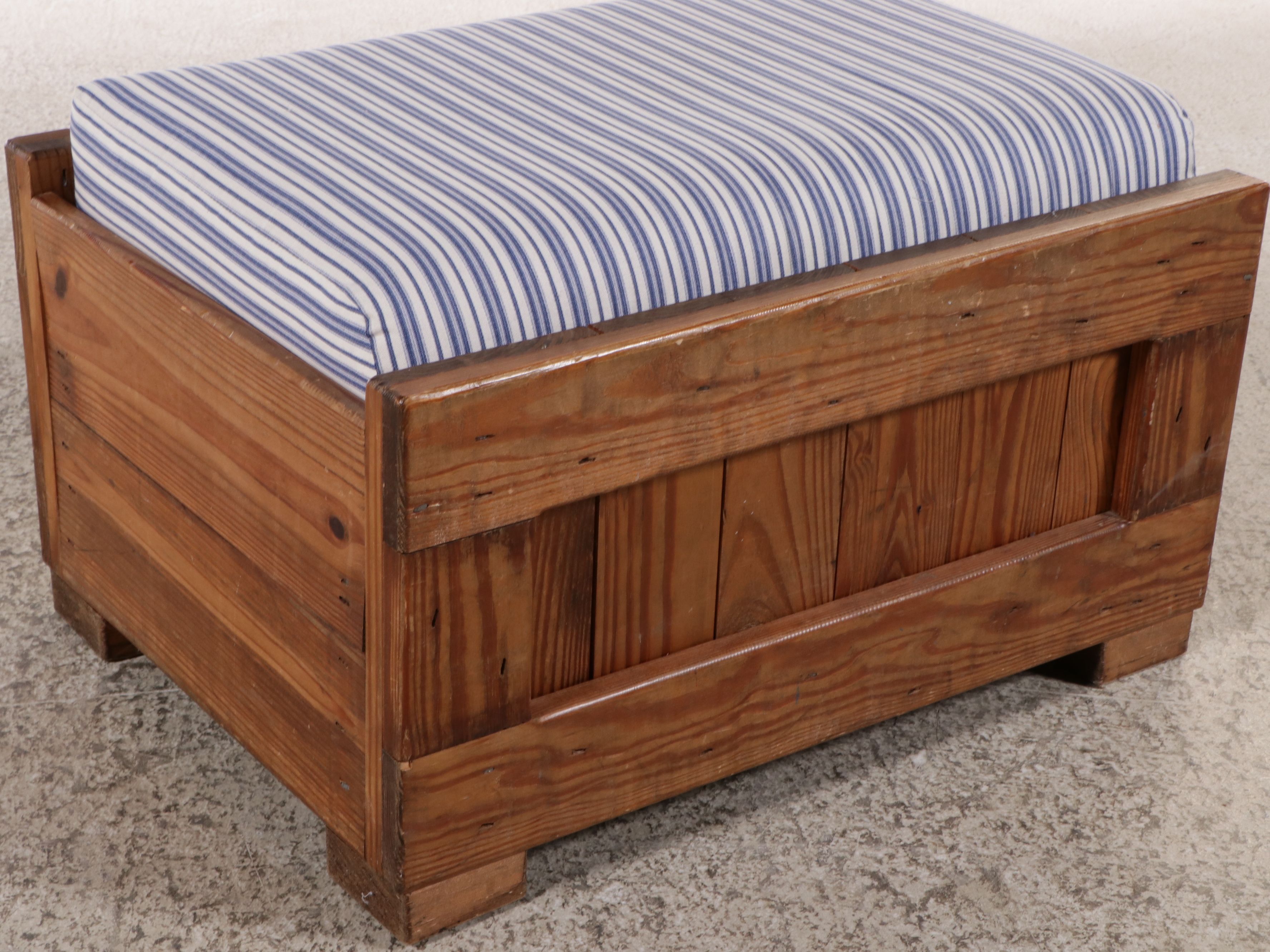 This End Up Blue Striped Fabric Upholstered Pine Armchair and Ottoman