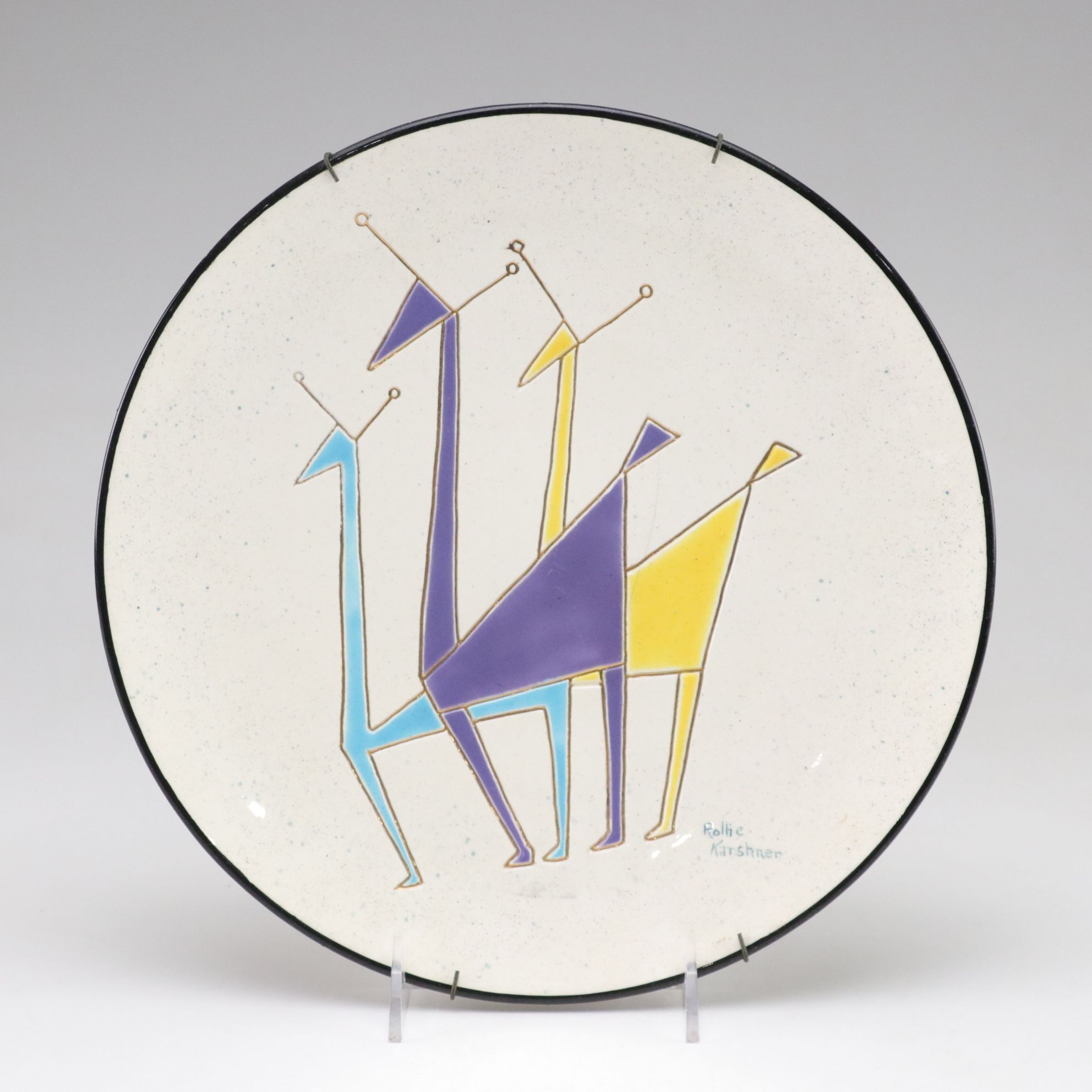 Rolland Karshner Gilt Accented Geometric Animal Plate, 1959
