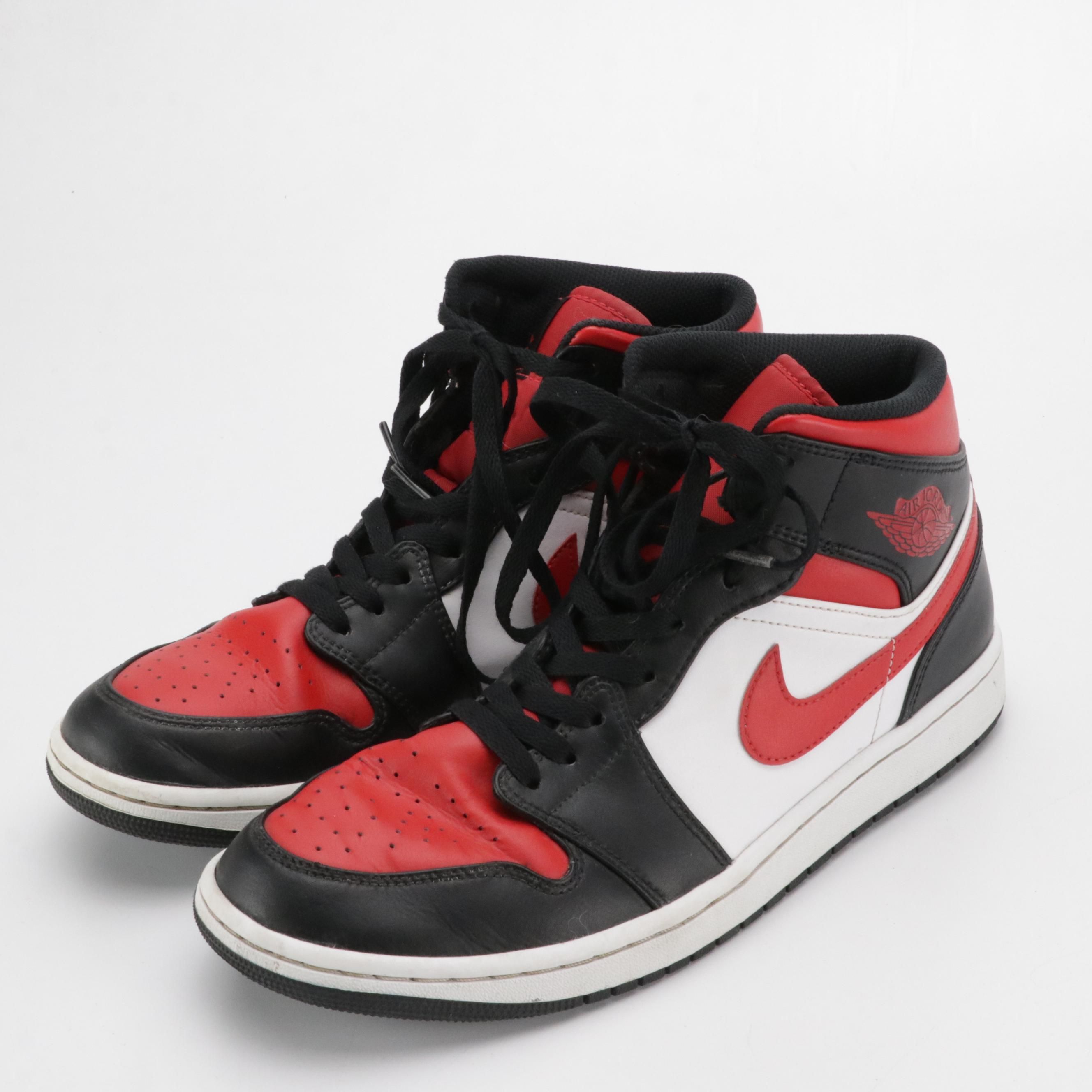 Men's Air Jordan 1 Mid-Rise Sneakers in Black, Fire Red and White with Box