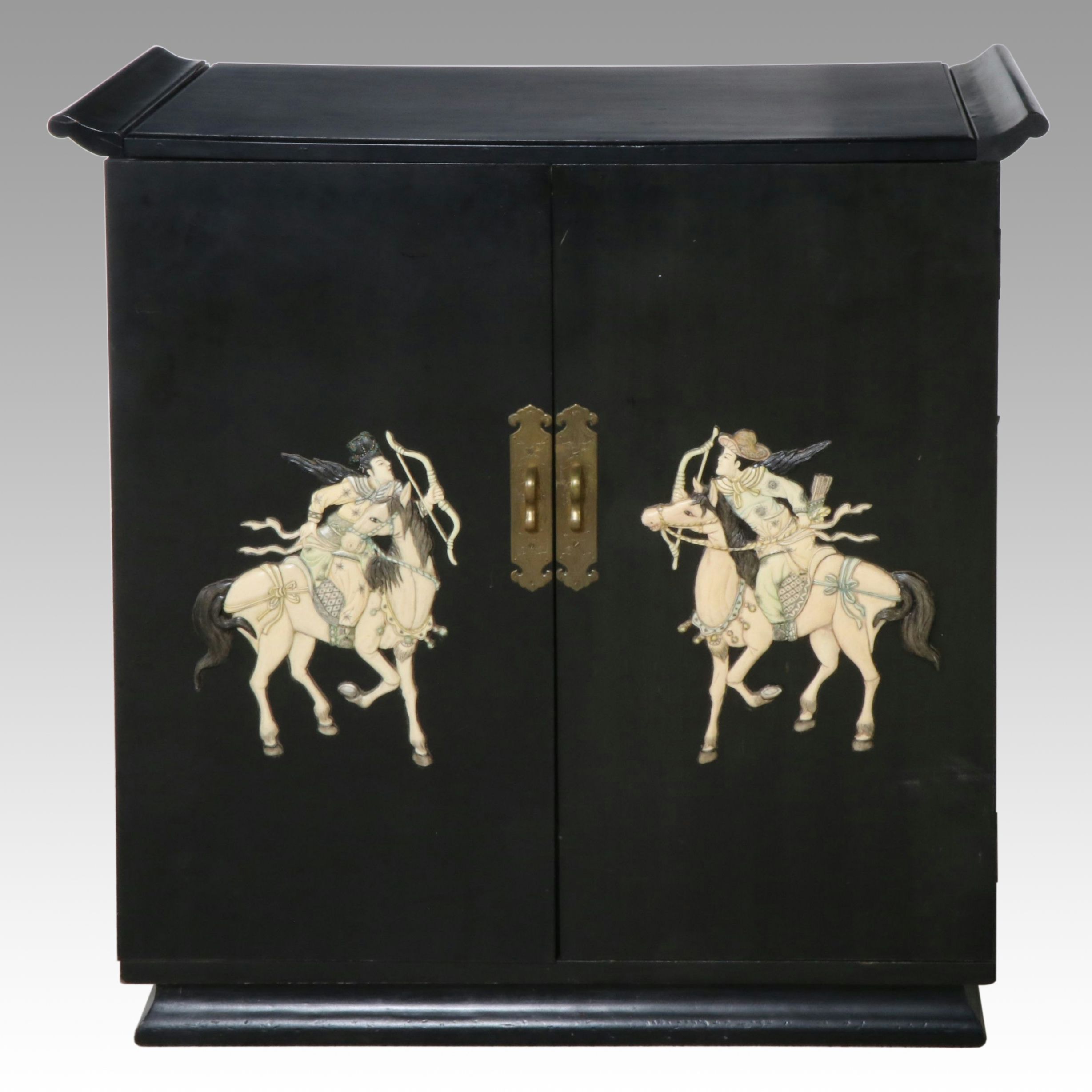 Chinese Black Lacquered and Embellished Bar Cabinet