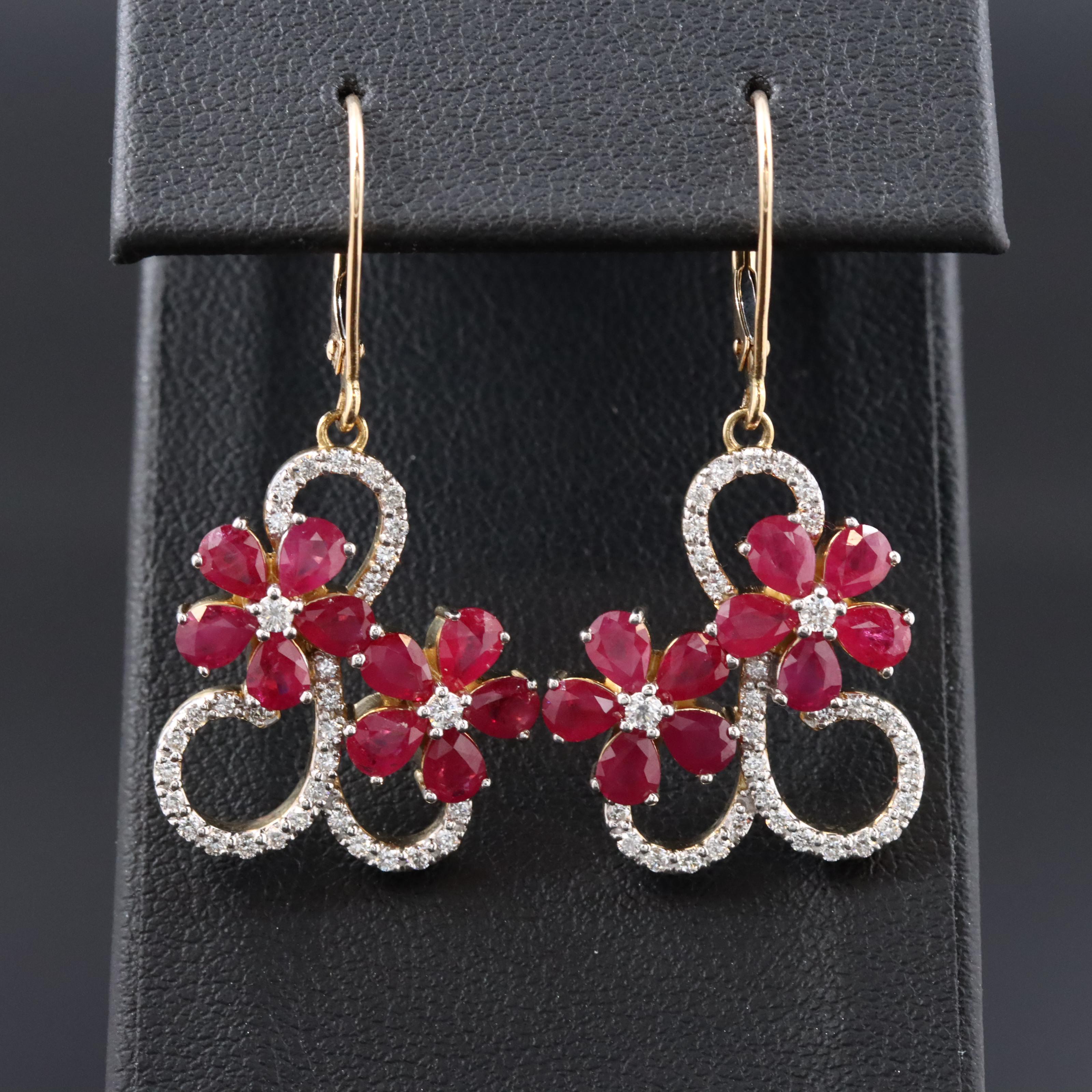 14K Ruby and Diamond Floral Drop Earring