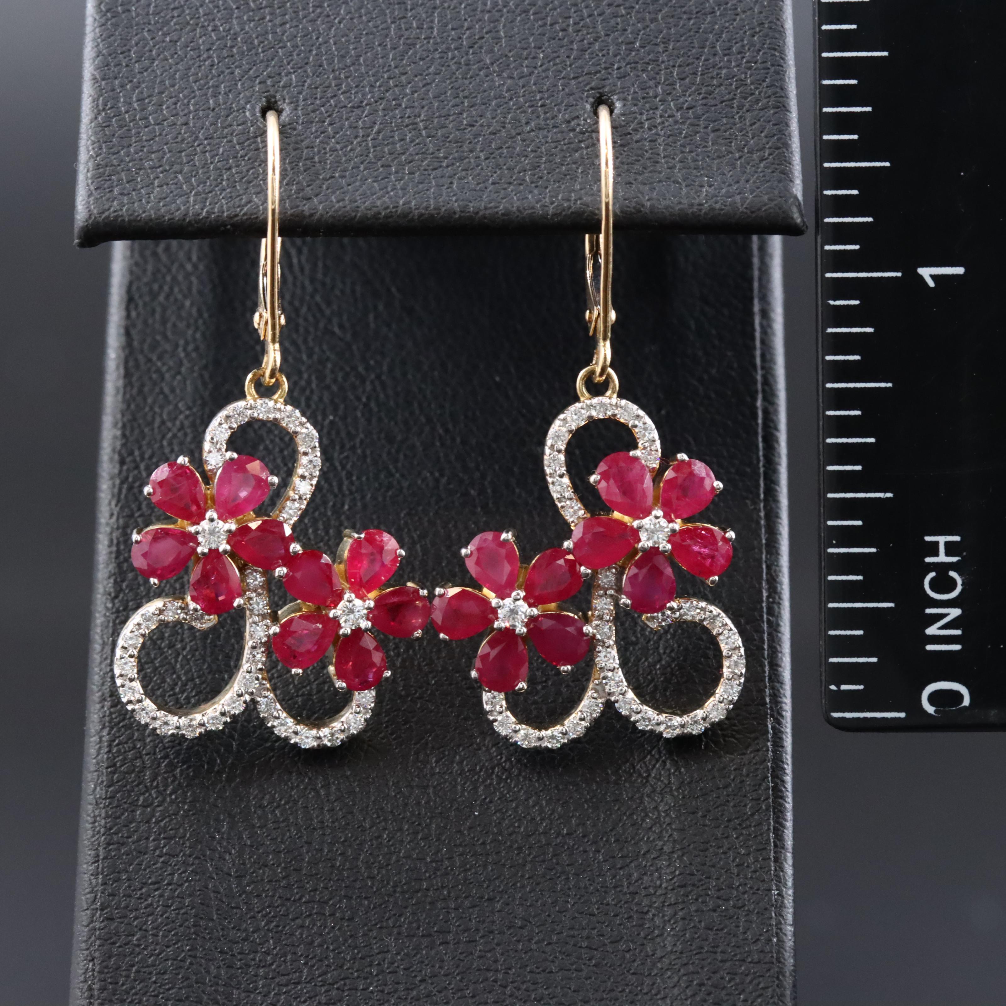14K Ruby and Diamond Floral Drop Earring