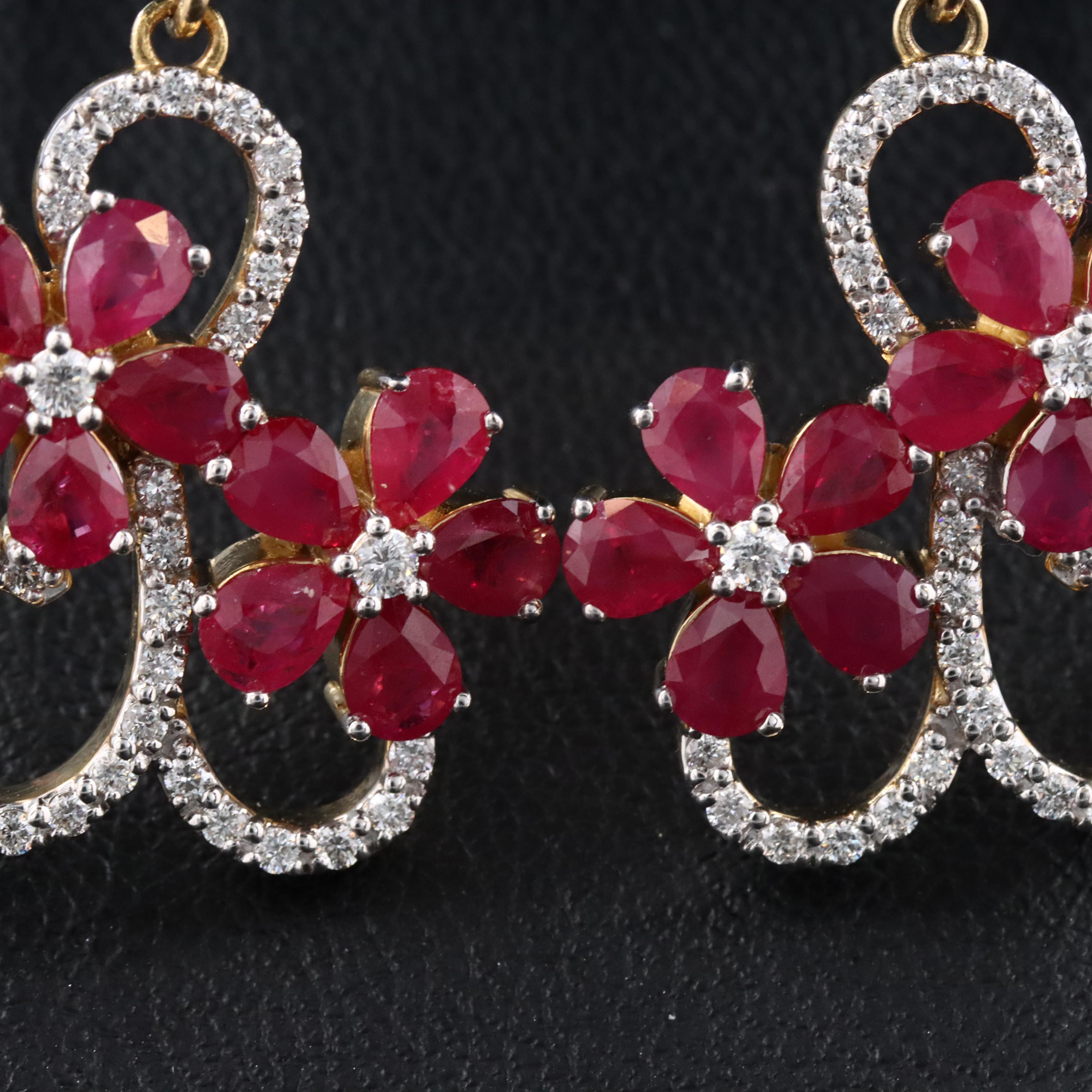 14K Ruby and Diamond Floral Drop Earring