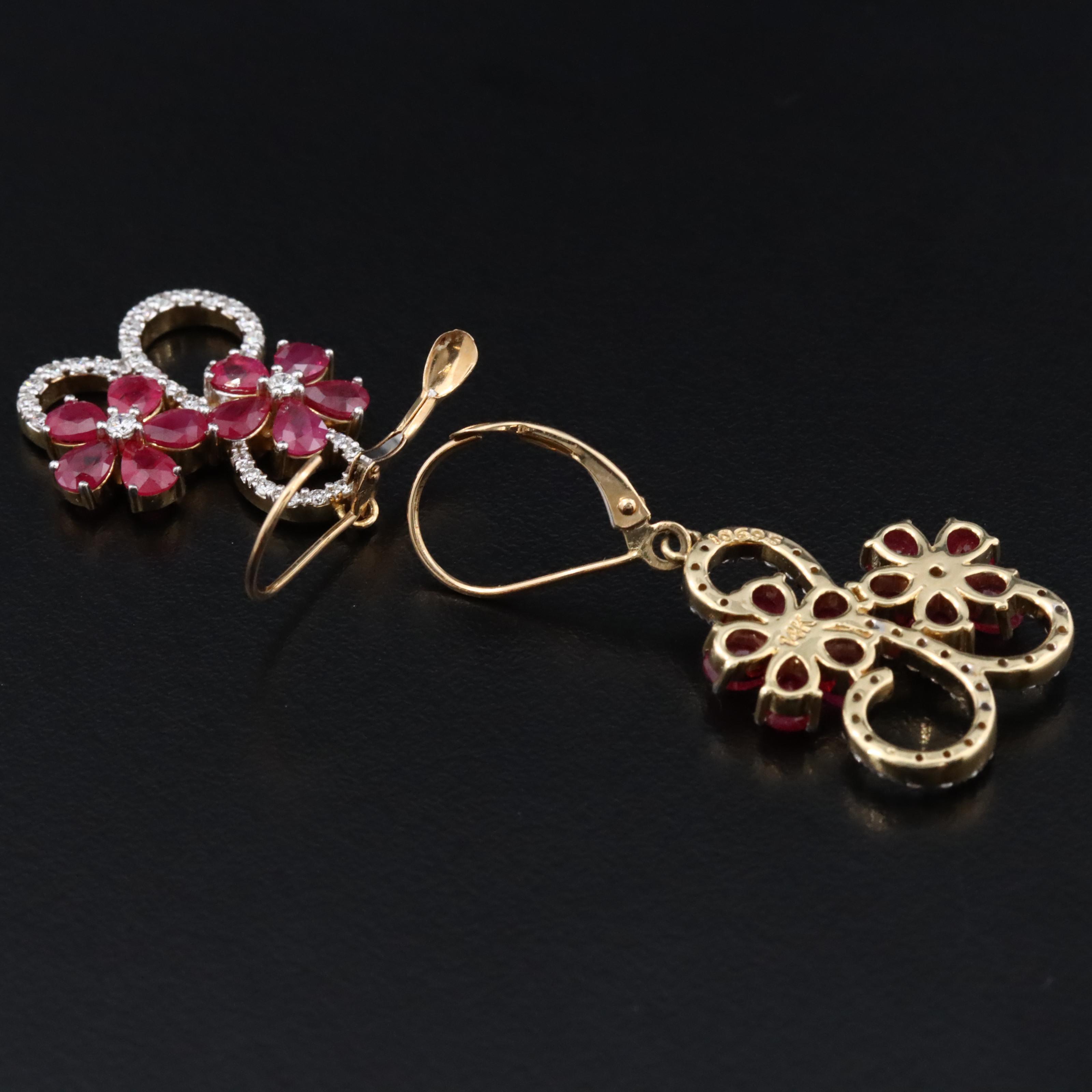 14K Ruby and Diamond Floral Drop Earring