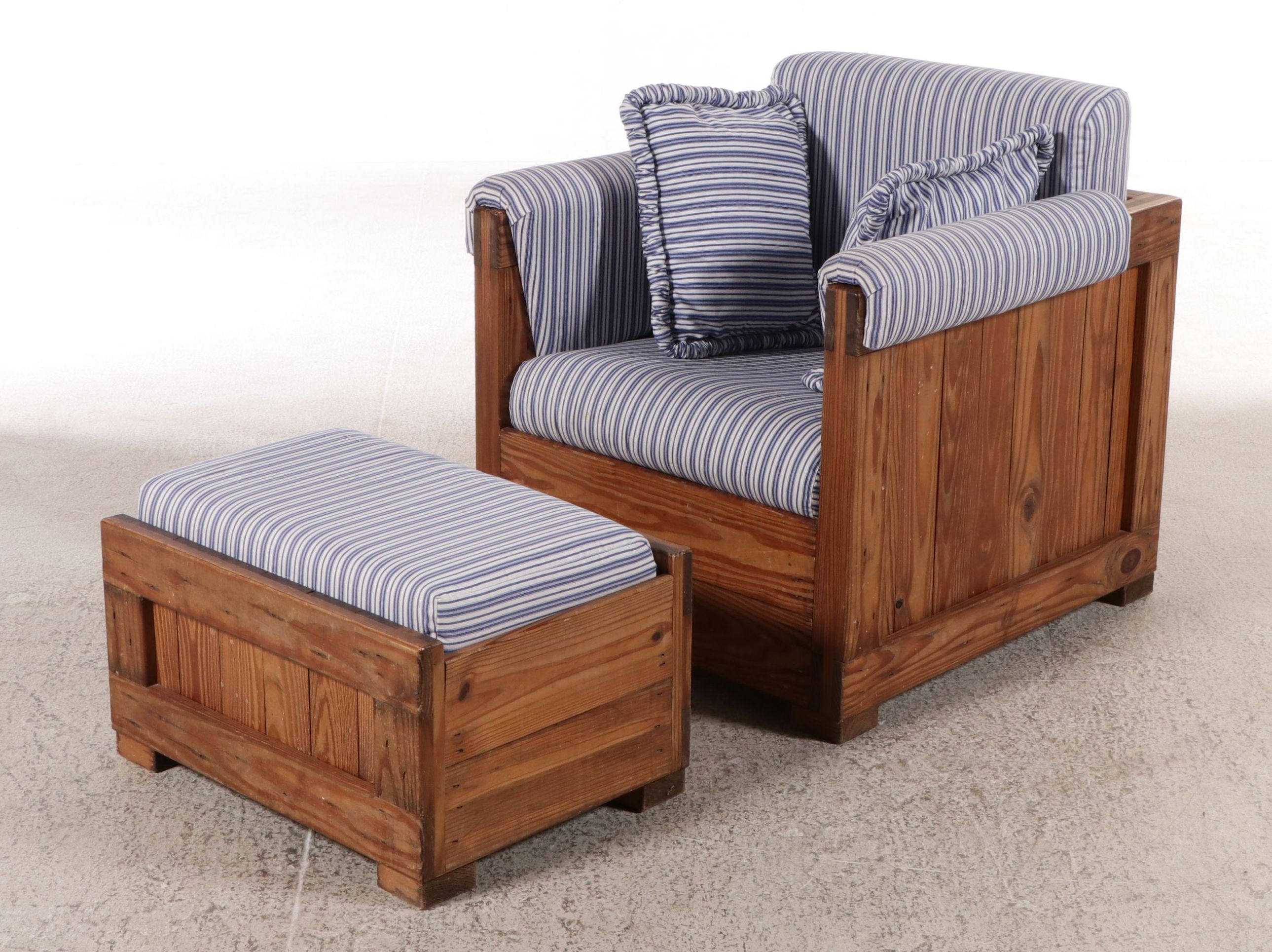This End Up Blue Striped Fabric Upholstered Pine Armchair and Ottoman