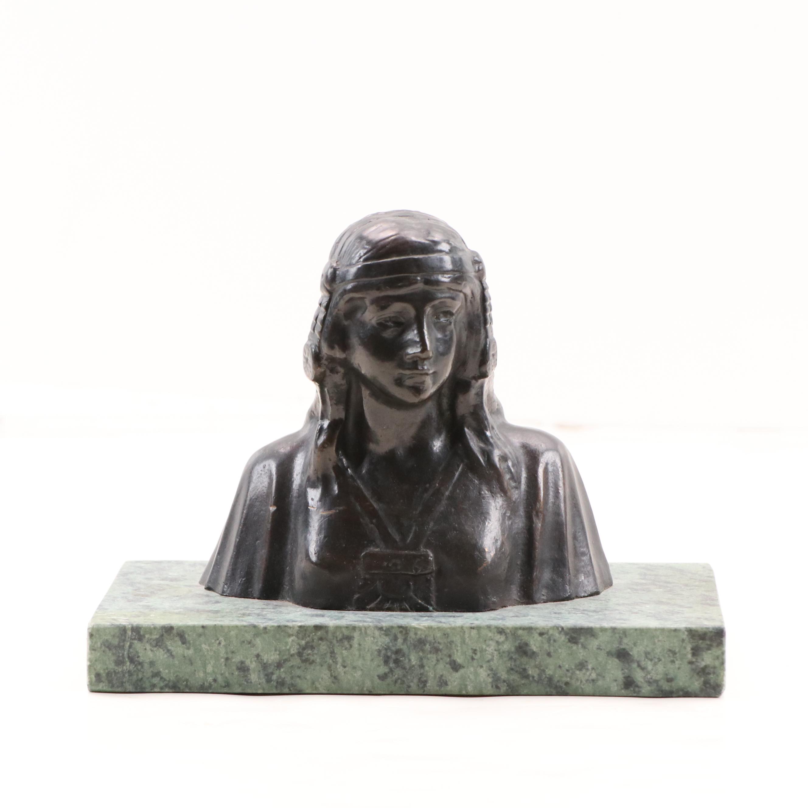 James Earle Fraser Patinated Cast Bronze Bust of Native American Girl, 1924