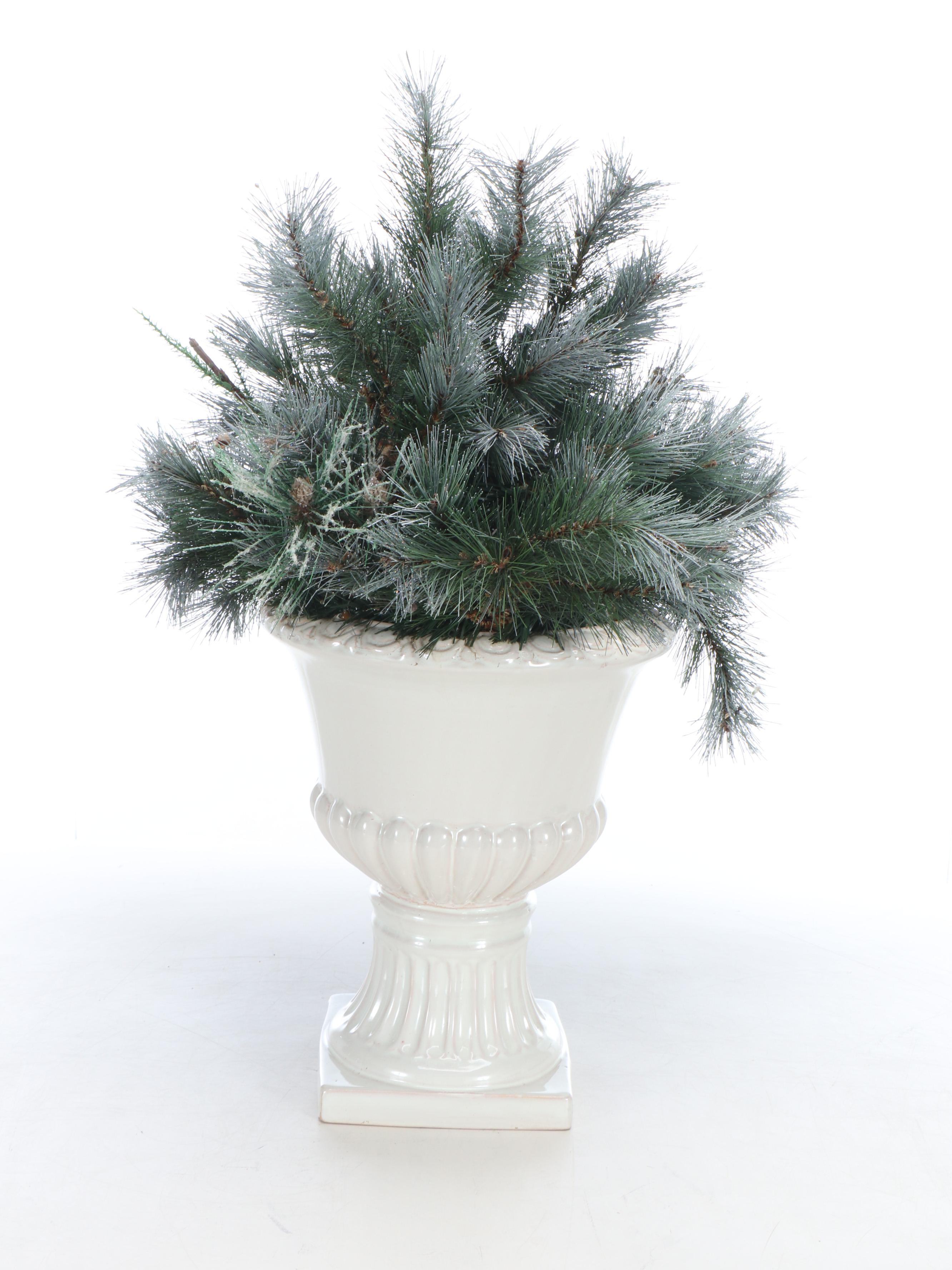 Artificial Greenery in Ceramic Urn with Outdoor Lights