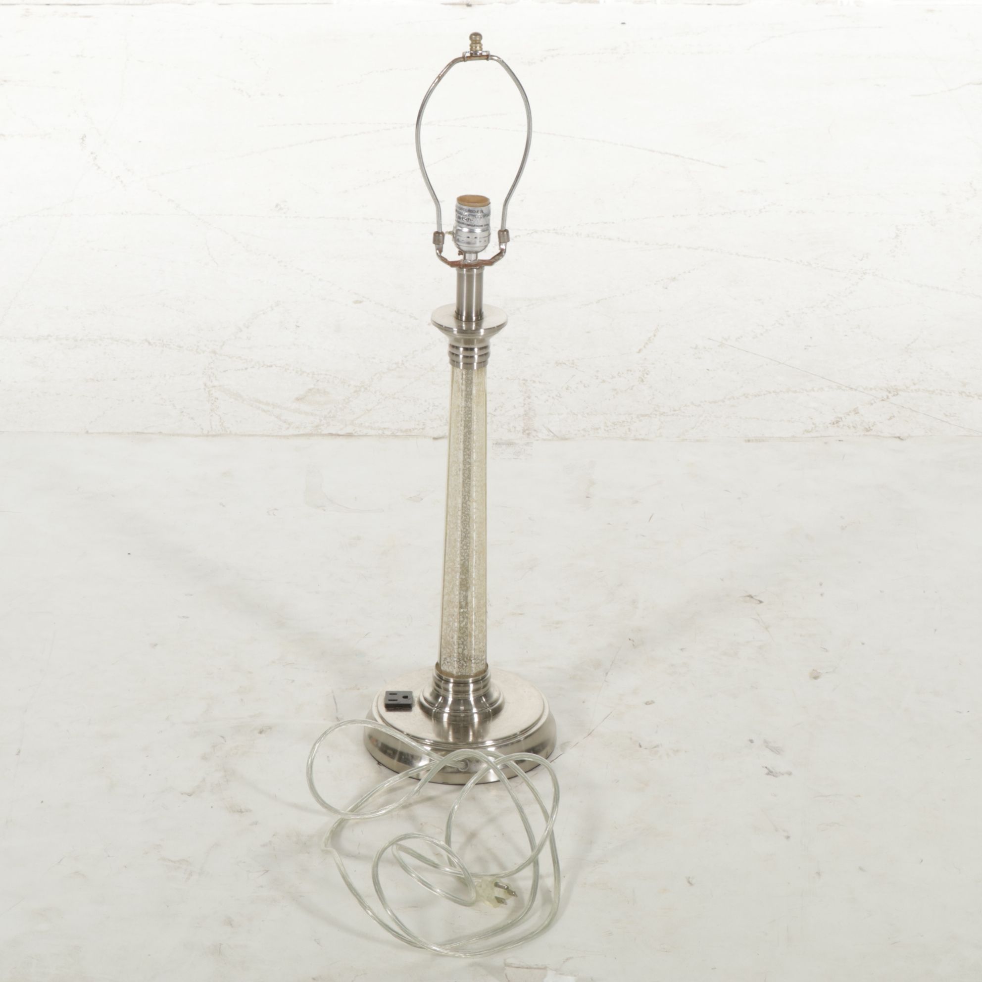 Mercury Glass Pillar Table Lamp with Integrated Outlet, 21st Century