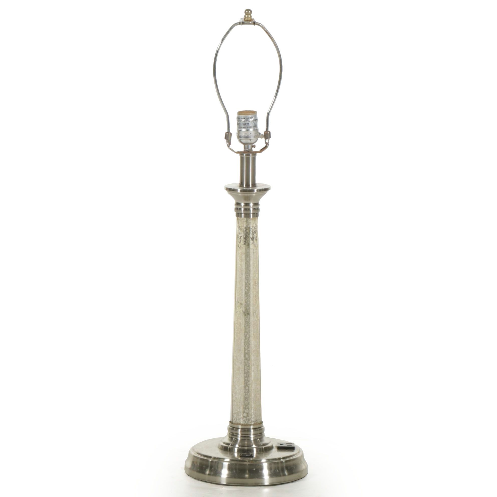 Mercury Glass Pillar Table Lamp with Integrated Outlet, 21st Century