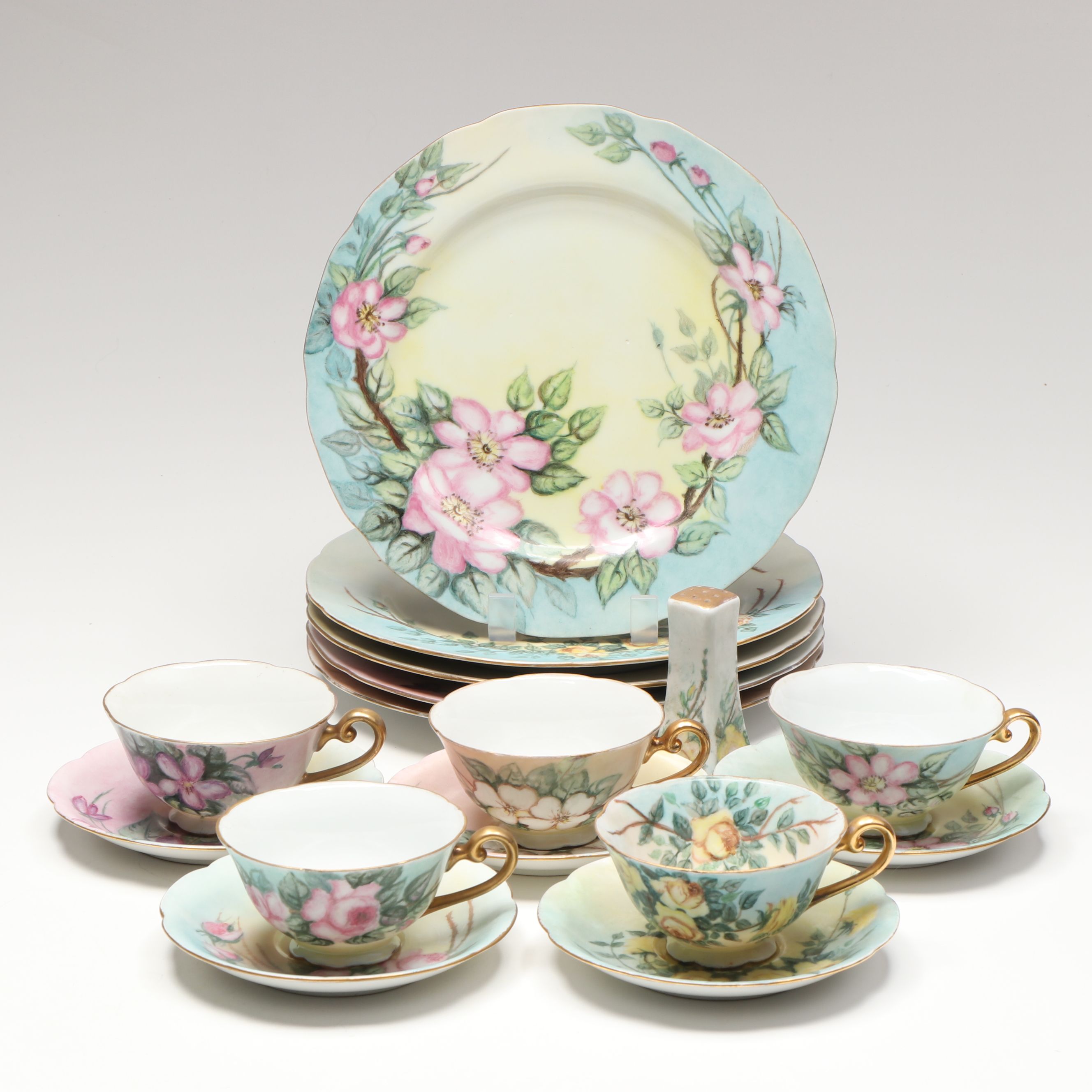 Breva Johnson Hand-Painted Porcelain Cups, Saucers, Shaker, and Plates