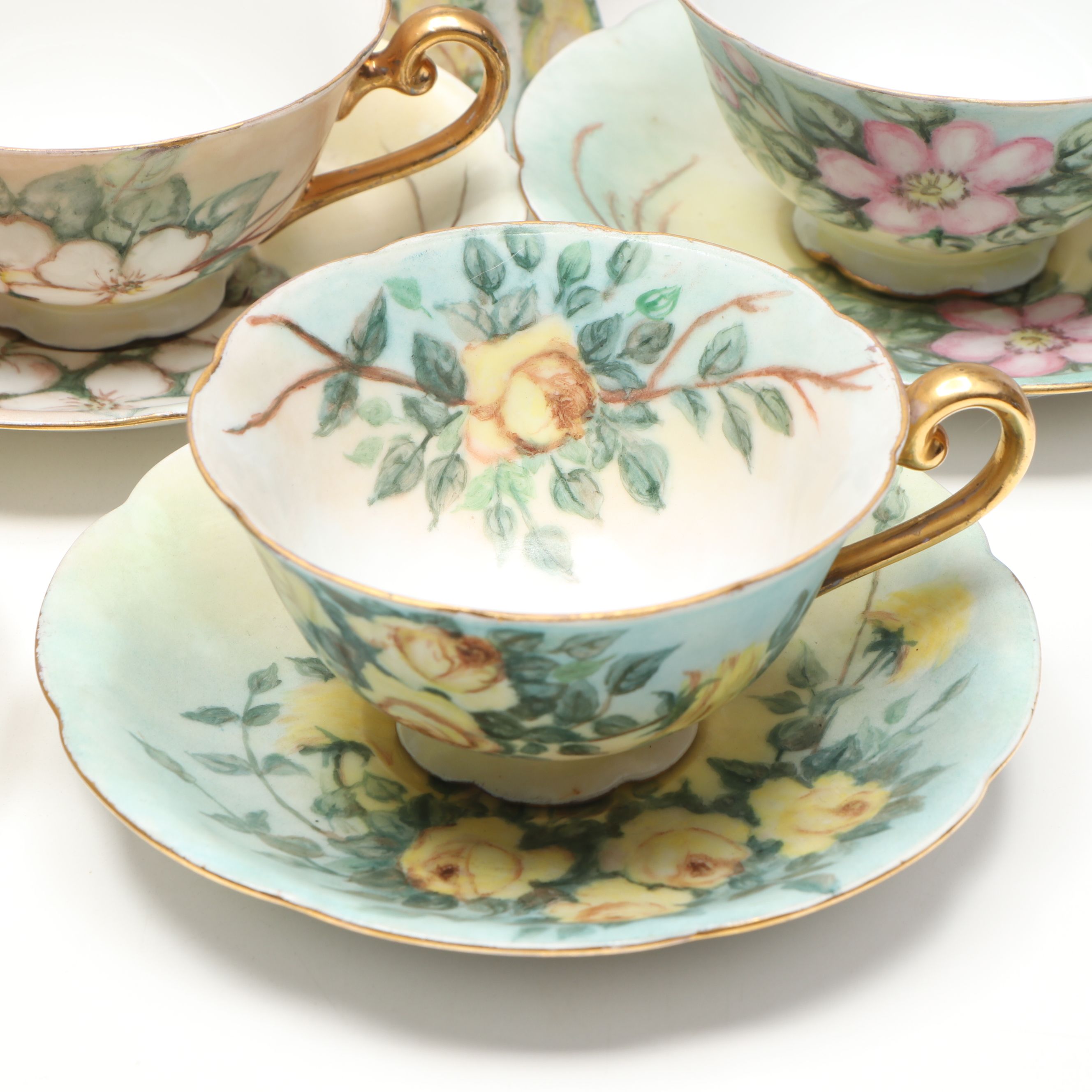 Breva Johnson Hand-Painted Porcelain Cups, Saucers, Shaker, and Plates