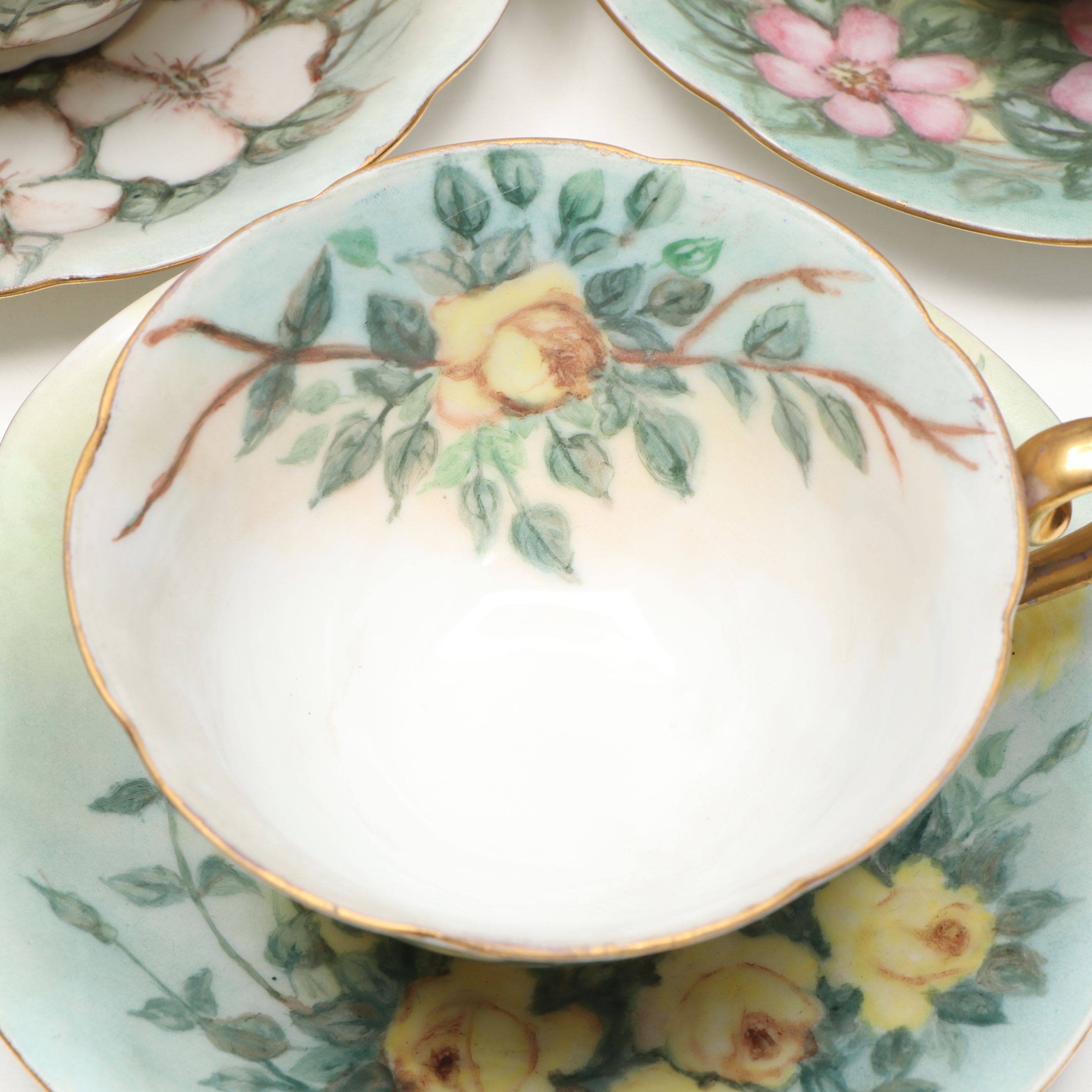 Breva Johnson Hand-Painted Porcelain Cups, Saucers, Shaker, and Plates
