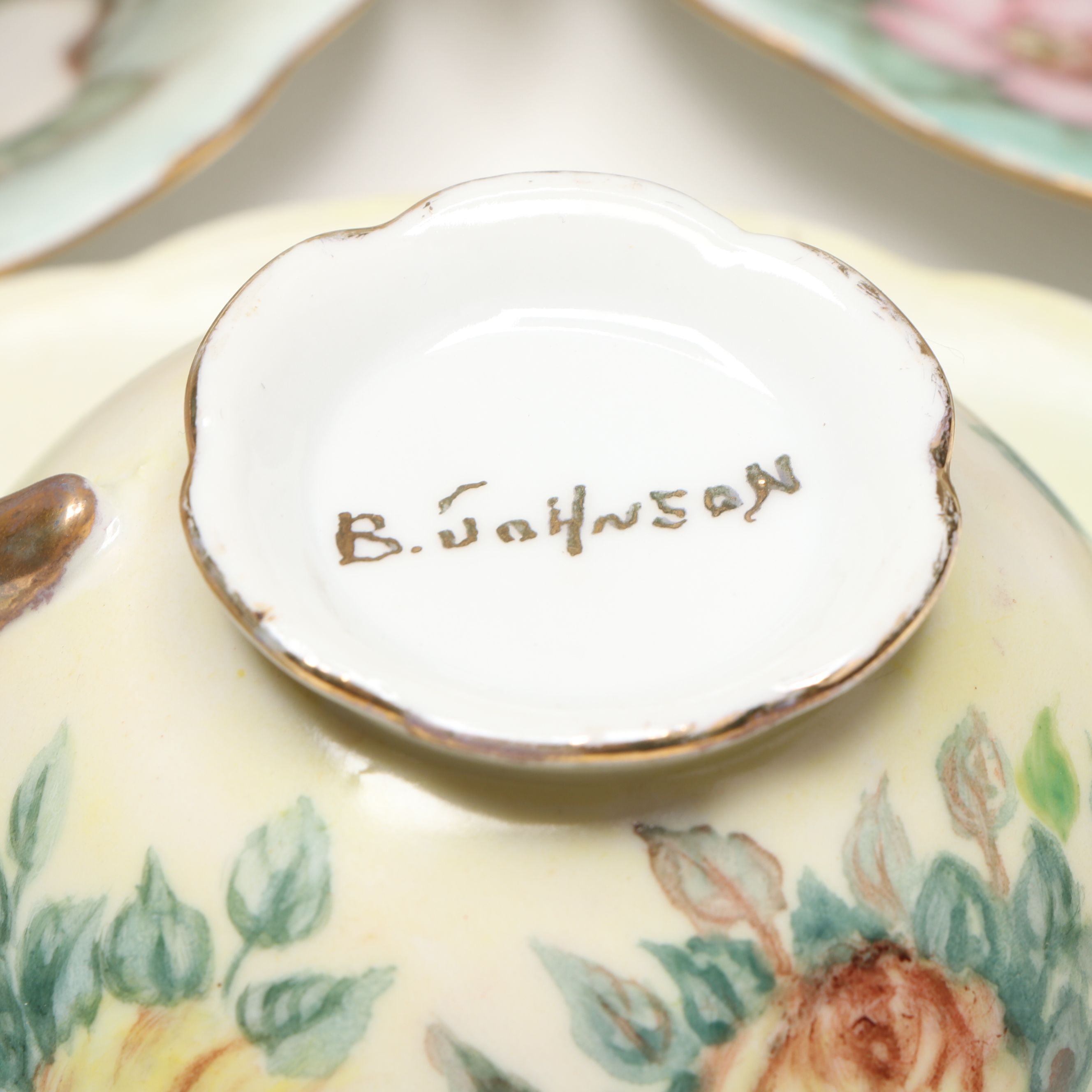 Breva Johnson Hand-Painted Porcelain Cups, Saucers, Shaker, and Plates