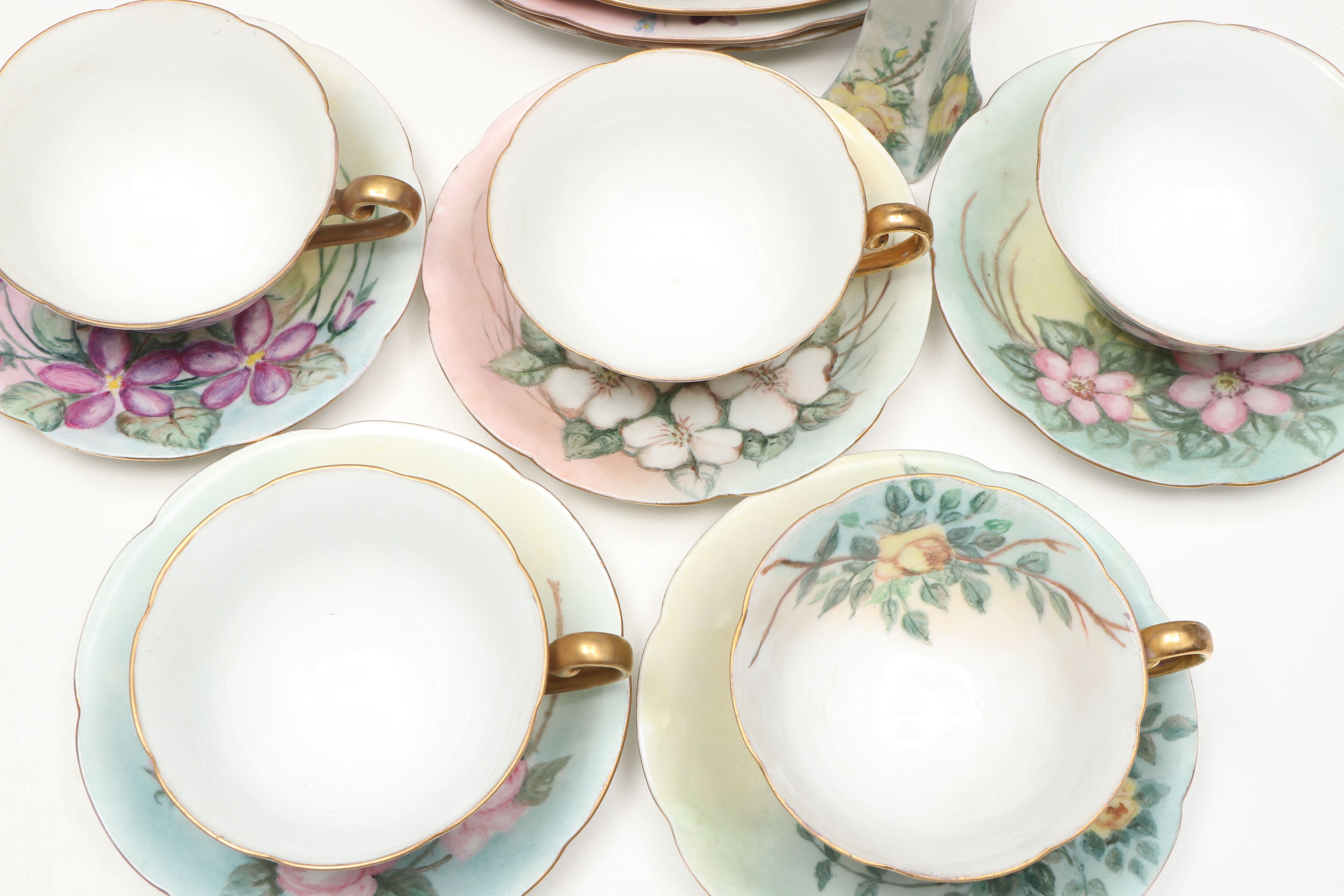Breva Johnson Hand-Painted Porcelain Cups, Saucers, Shaker, and Plates