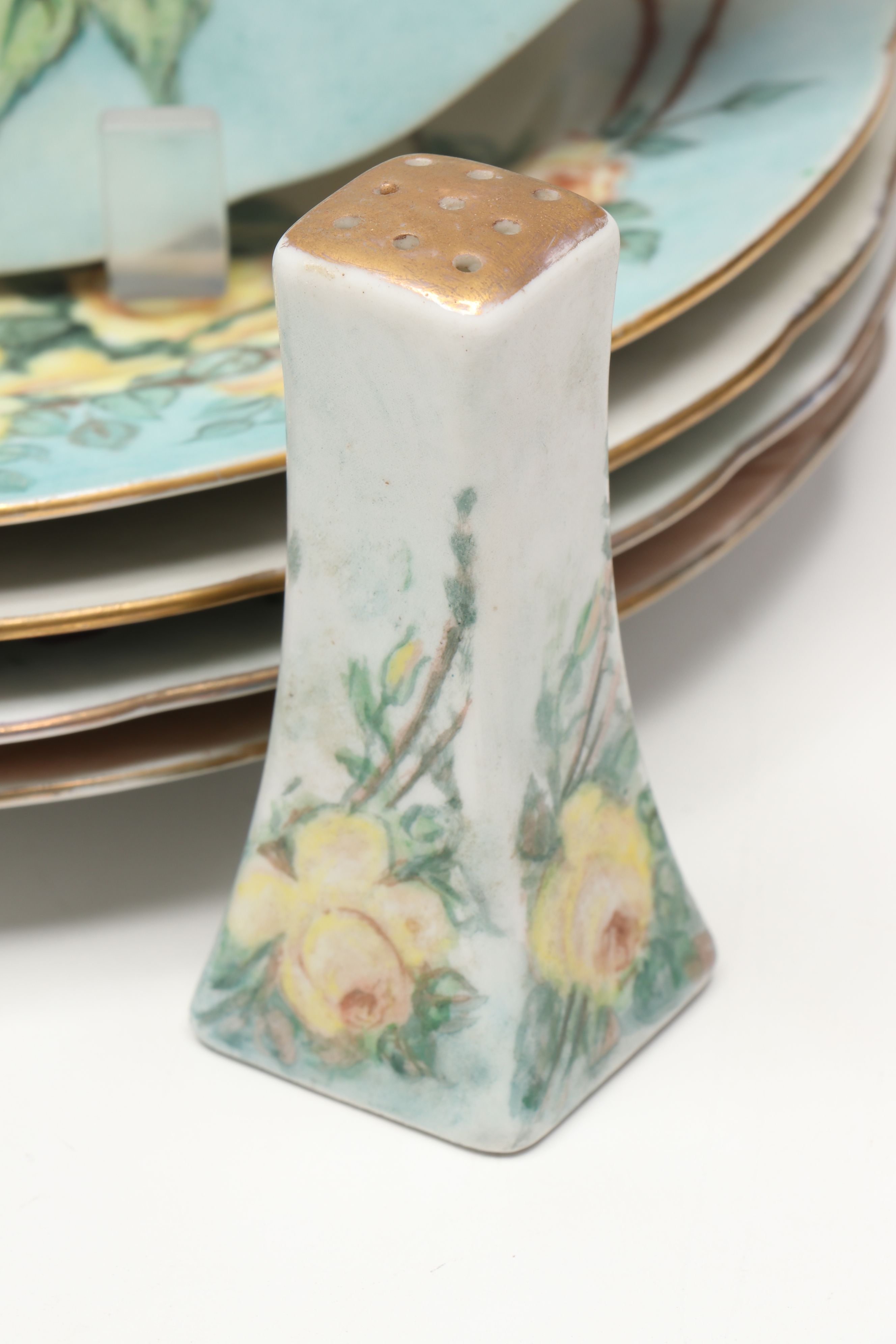 Breva Johnson Hand-Painted Porcelain Cups, Saucers, Shaker, and Plates