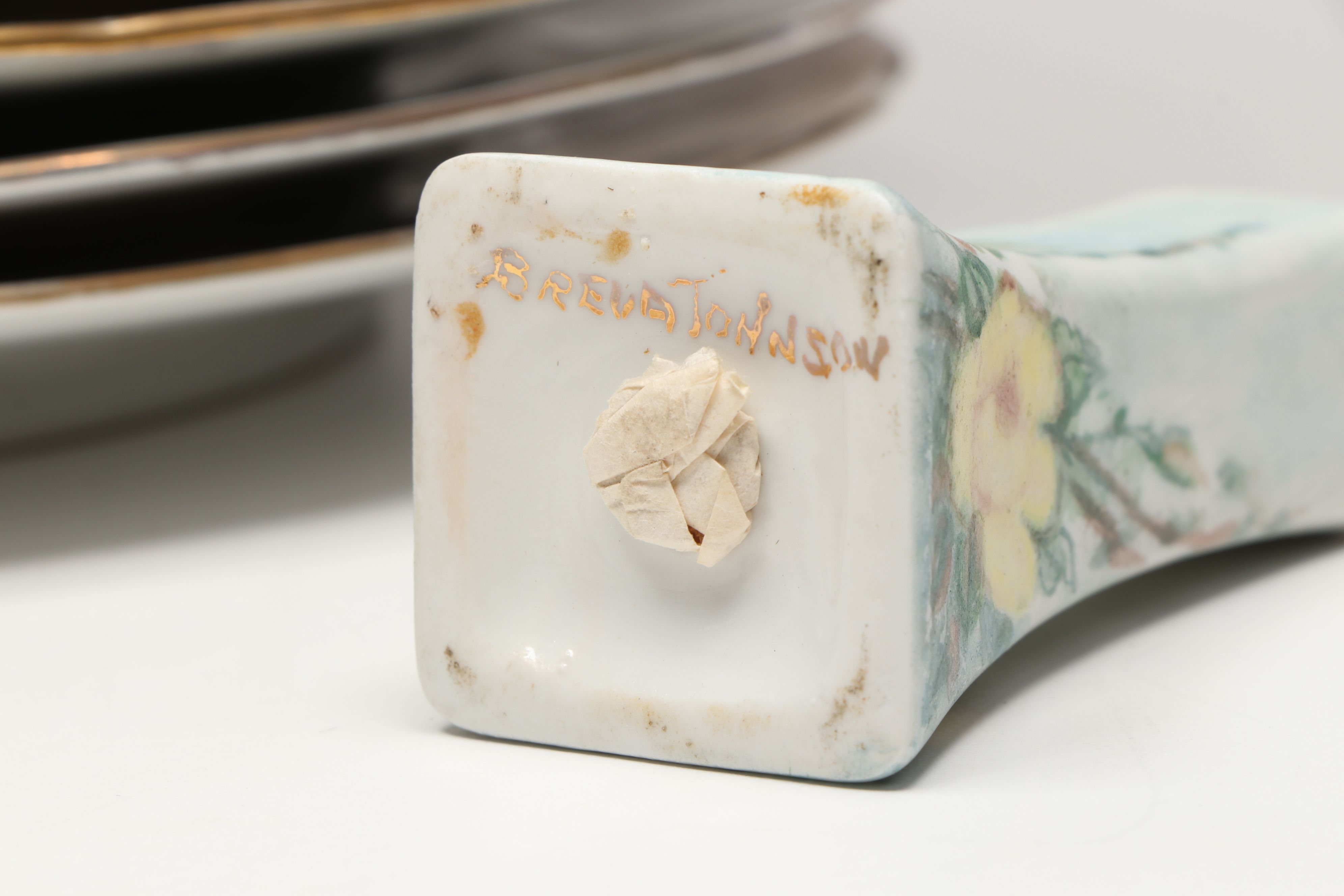 Breva Johnson Hand-Painted Porcelain Cups, Saucers, Shaker, and Plates