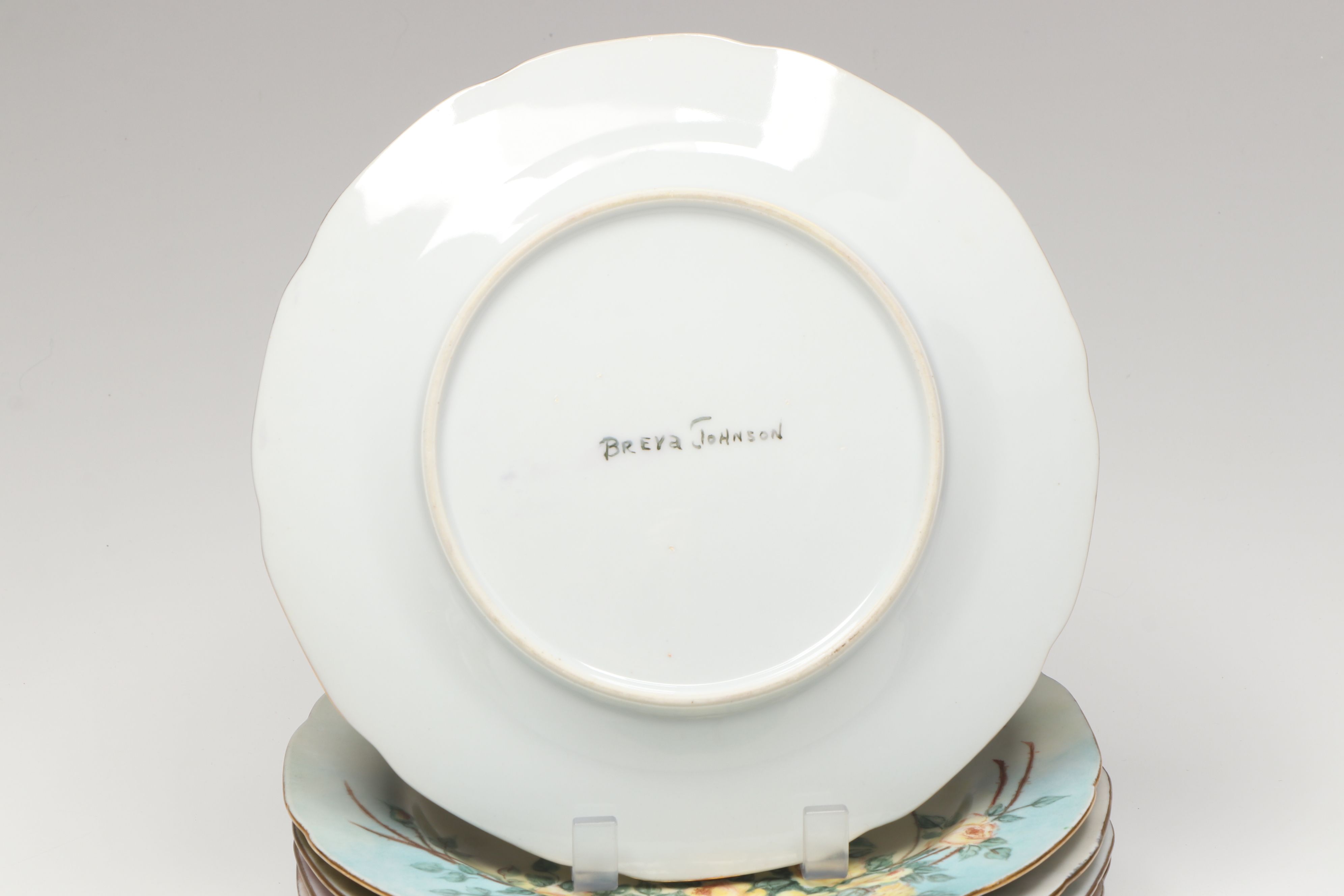 Breva Johnson Hand-Painted Porcelain Cups, Saucers, Shaker, and Plates