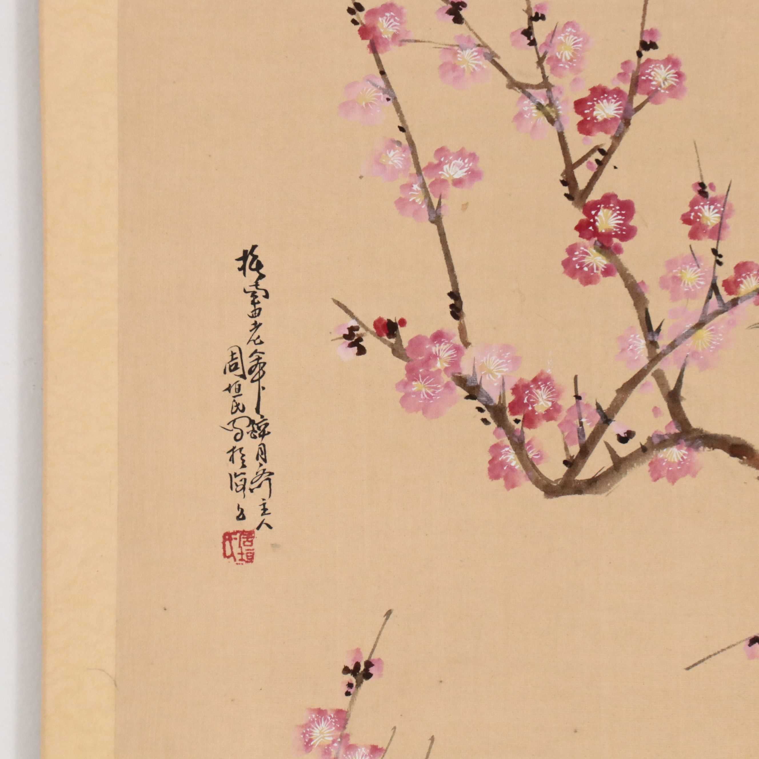 Chinese School Gouache Painting Scroll of Birds with Plum Blossoms
