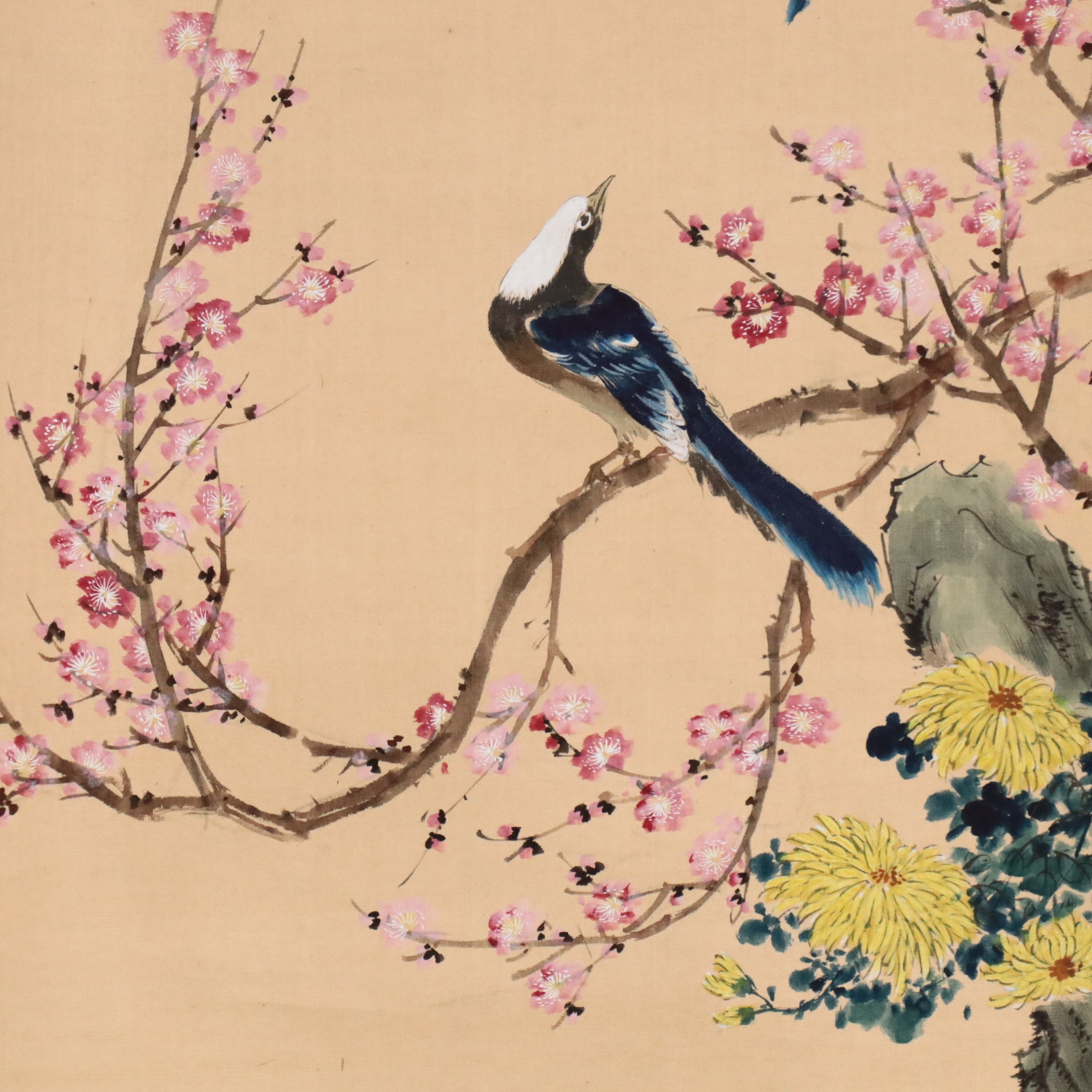 Chinese School Gouache Painting Scroll of Birds with Plum Blossoms