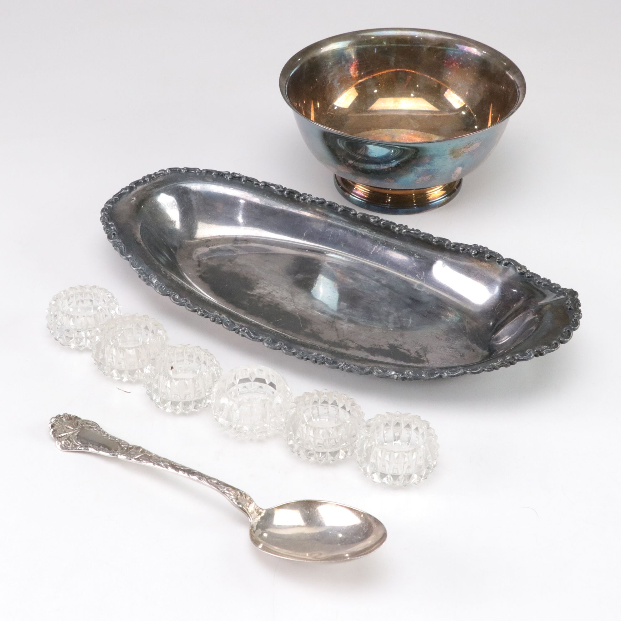 Sterling Silver Serving Spoon with Silver Plate and Glass Items