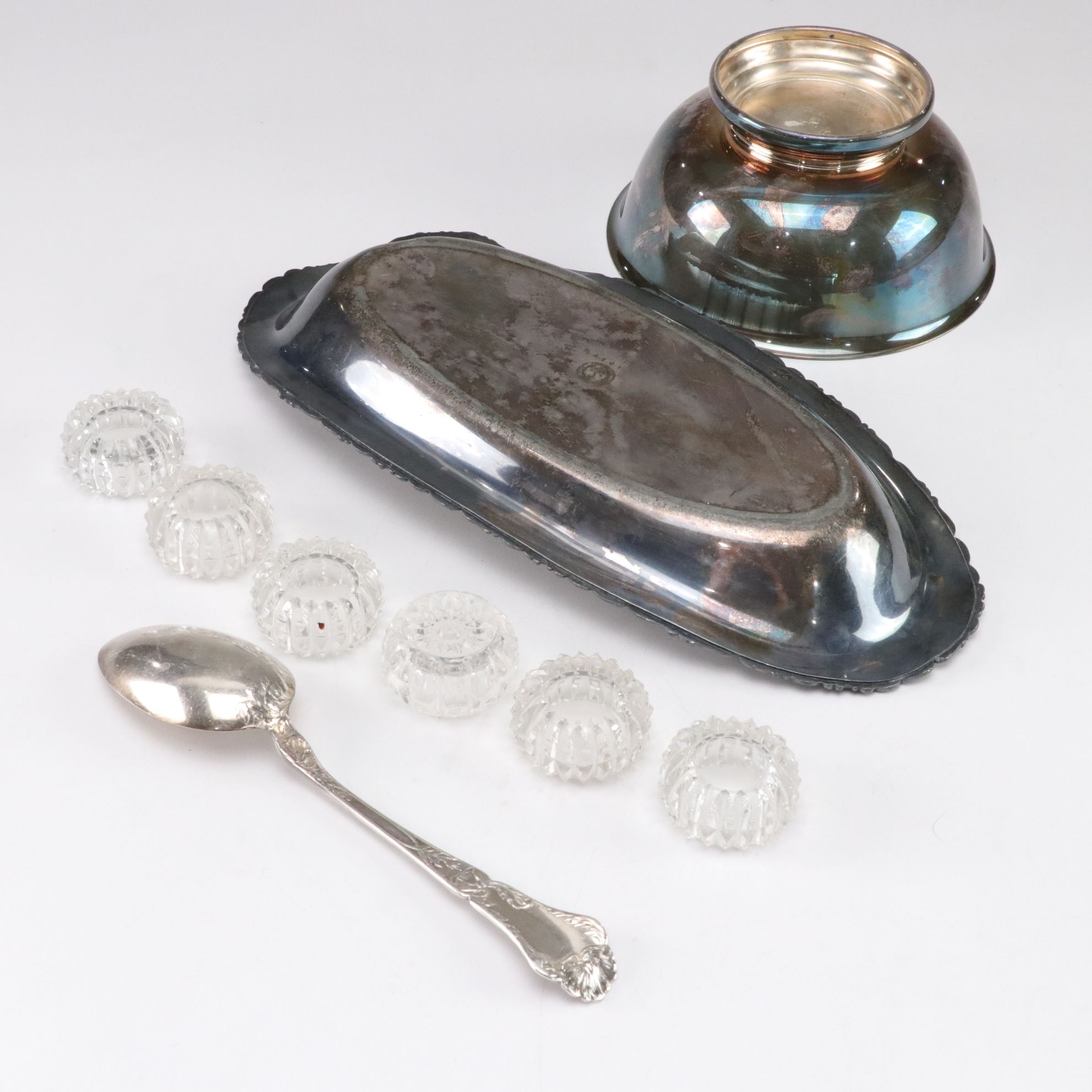 Sterling Silver Serving Spoon with Silver Plate and Glass Items