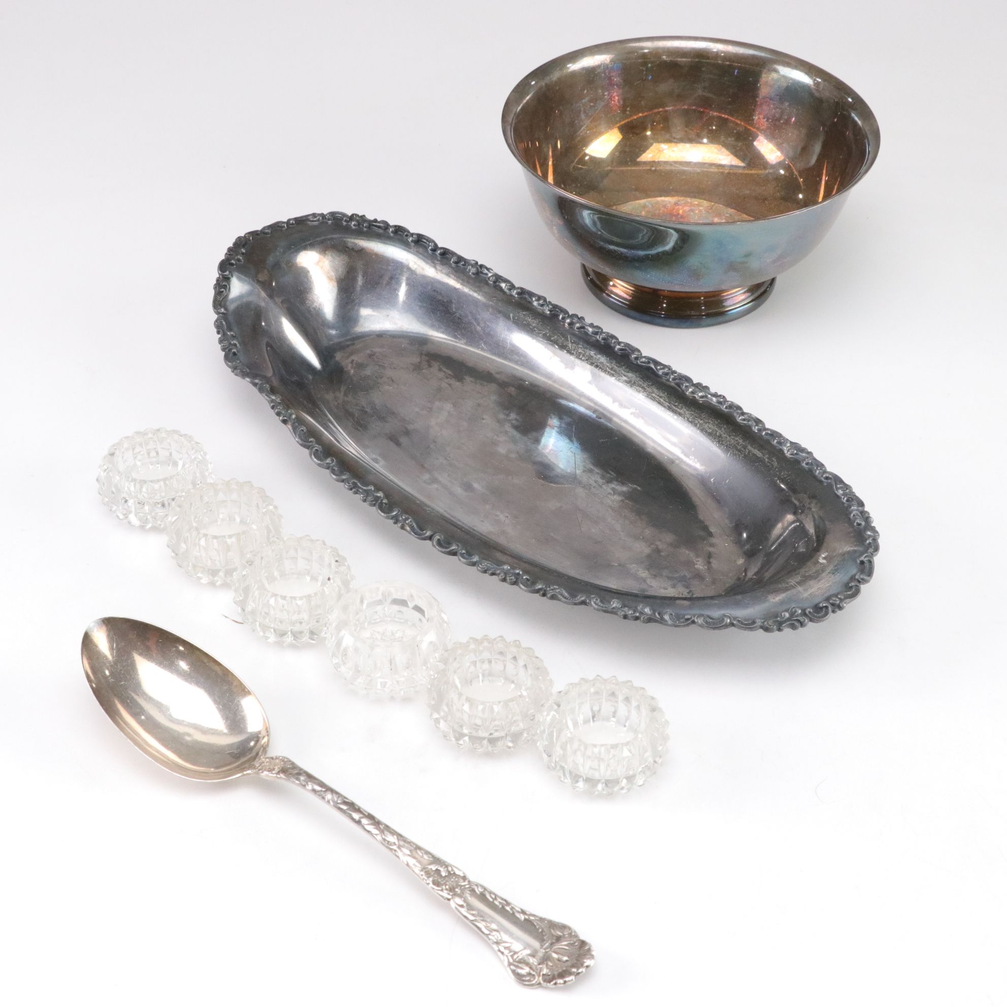 Sterling Silver Serving Spoon with Silver Plate and Glass Items