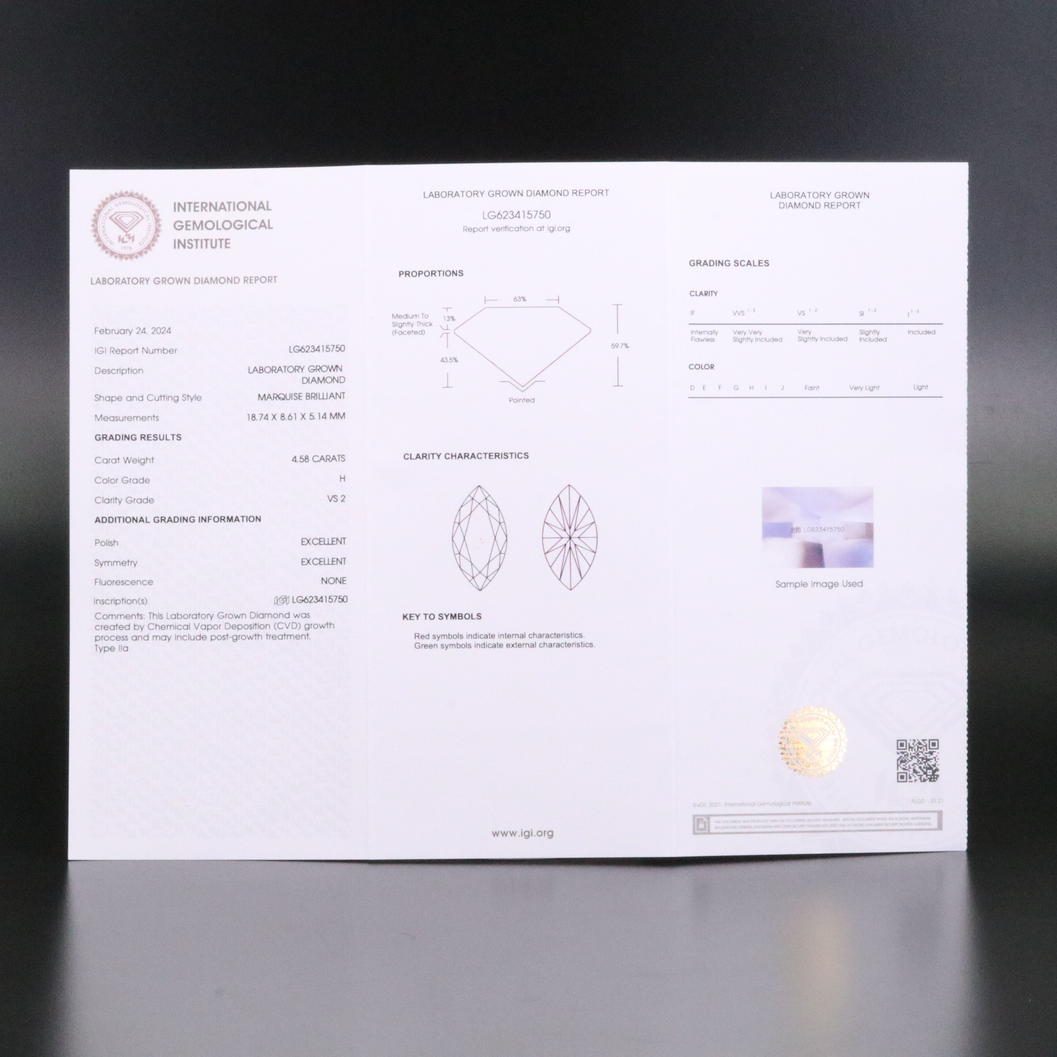 Loose 4.58 CT Lab Grown Diamond with IGI Report