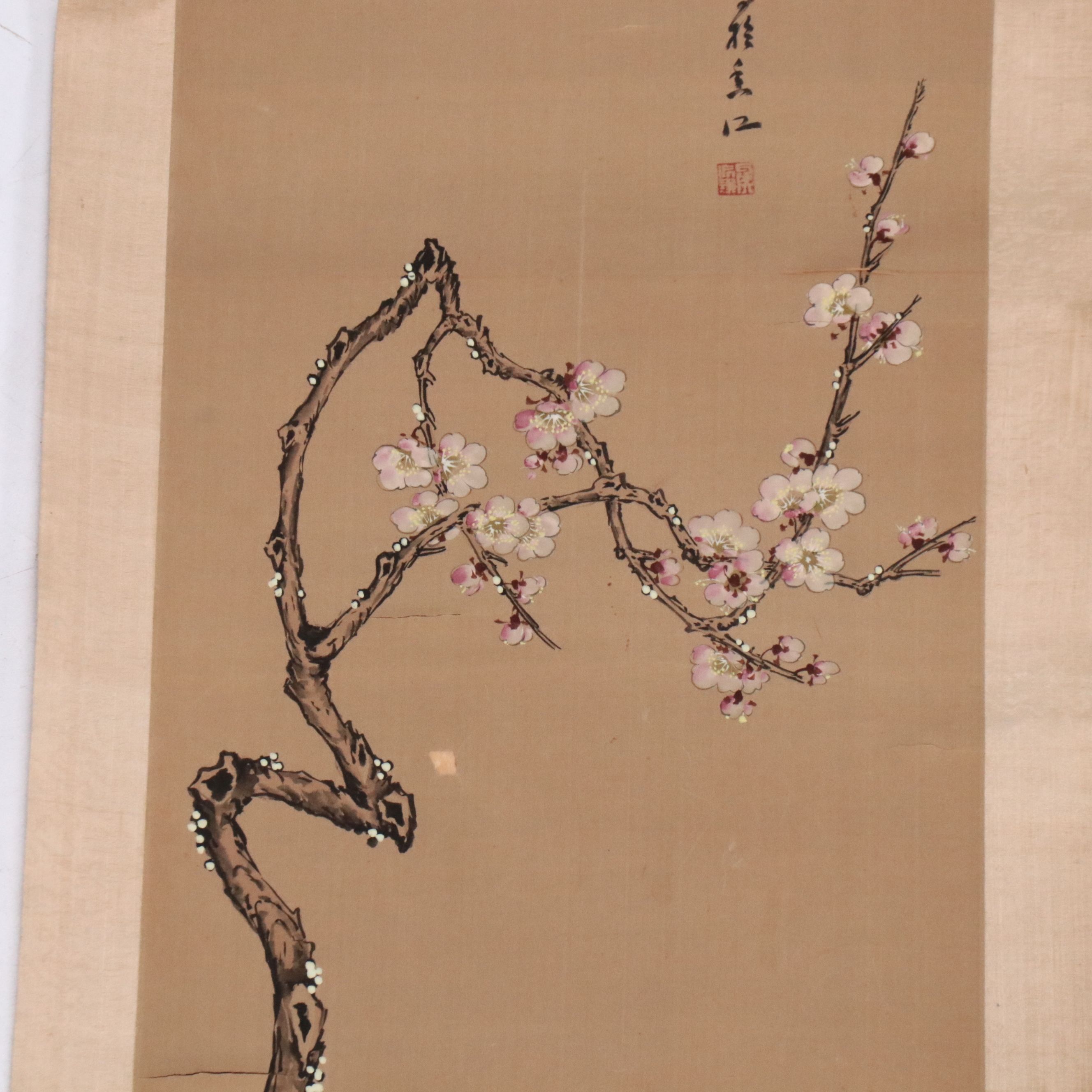 Japanese Watercolor Scroll of Plum Flowers and Birds, Late 19th Century