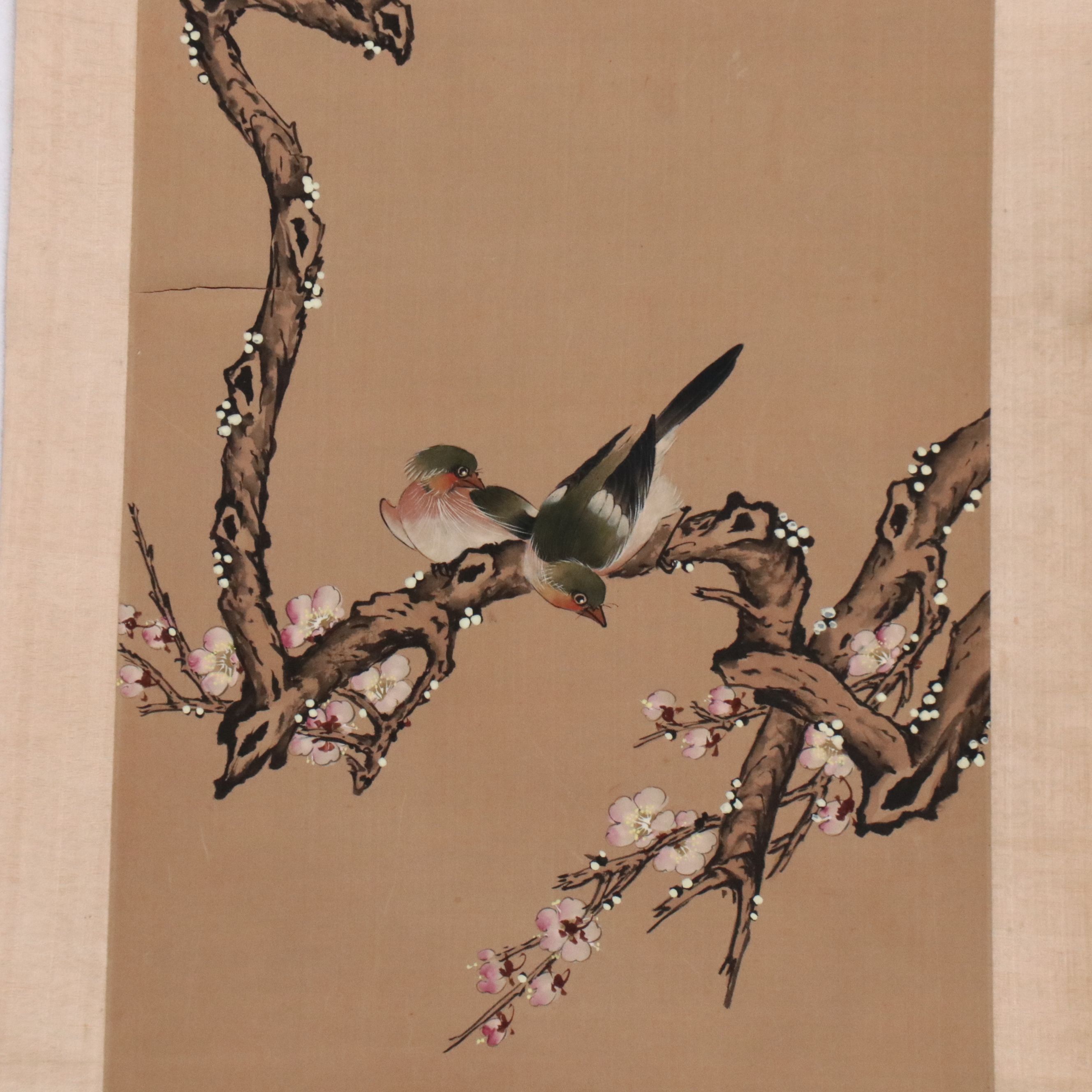 Japanese Watercolor Scroll of Plum Flowers and Birds, Late 19th Century