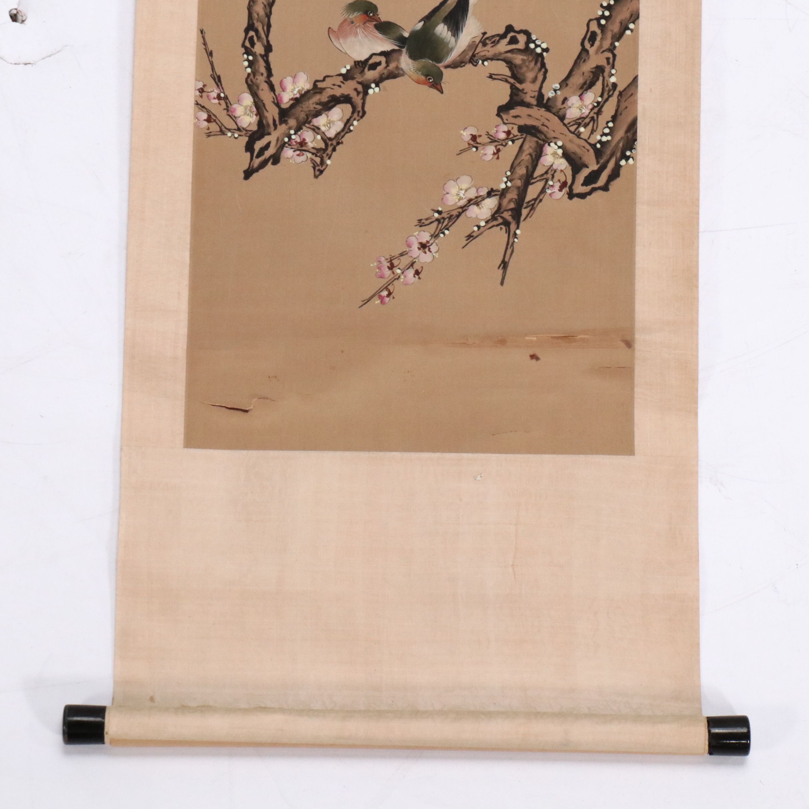 Japanese Watercolor Scroll of Plum Flowers and Birds, Late 19th Century