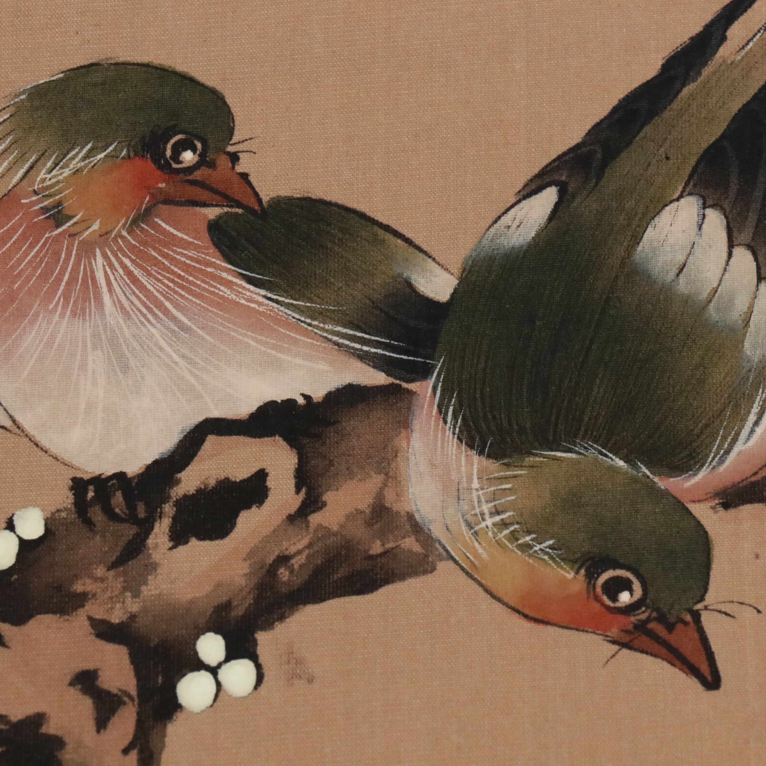 Japanese Watercolor Scroll of Plum Flowers and Birds, Late 19th Century