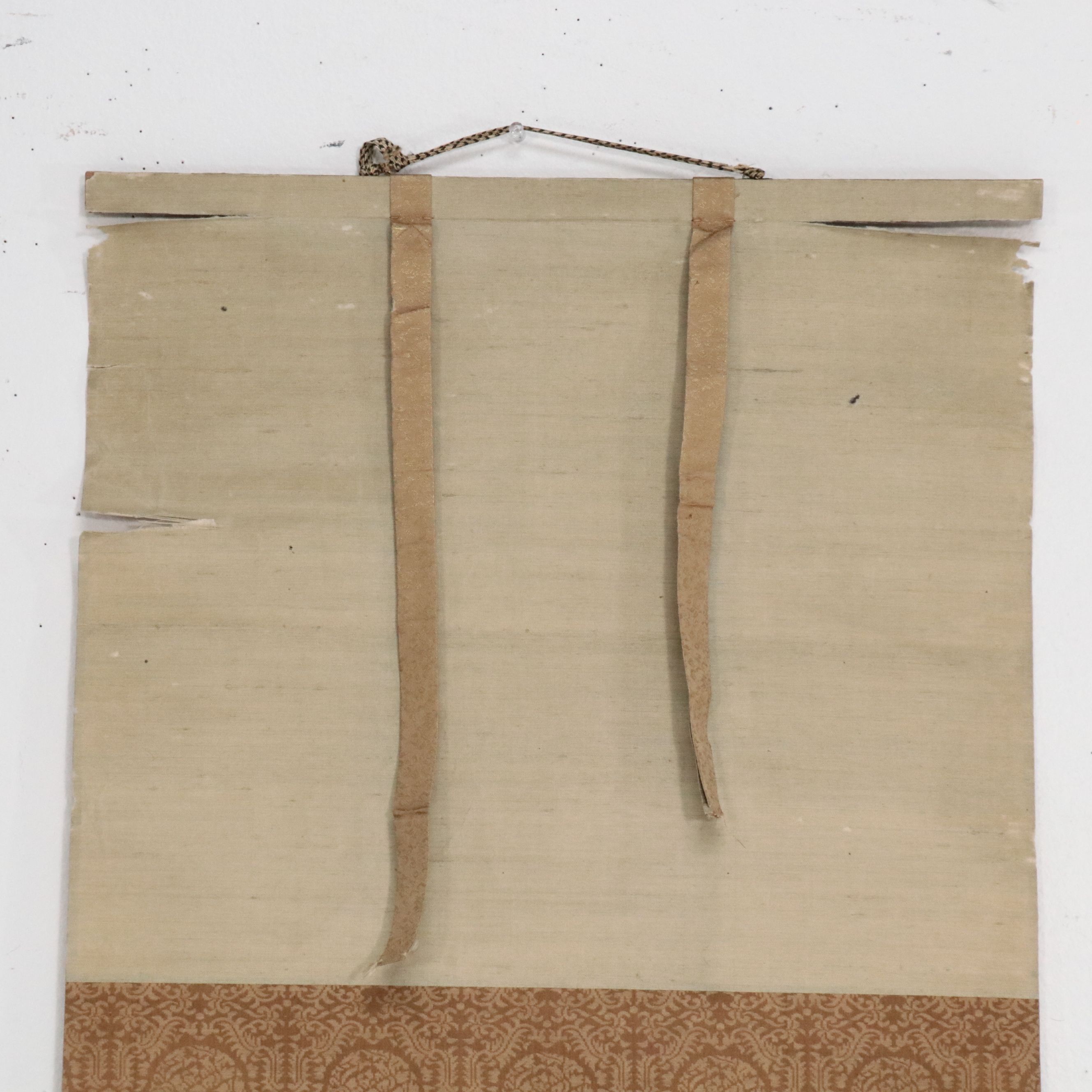 Japanese School Scroll with Watercolor Painting of Blossoms and Moon