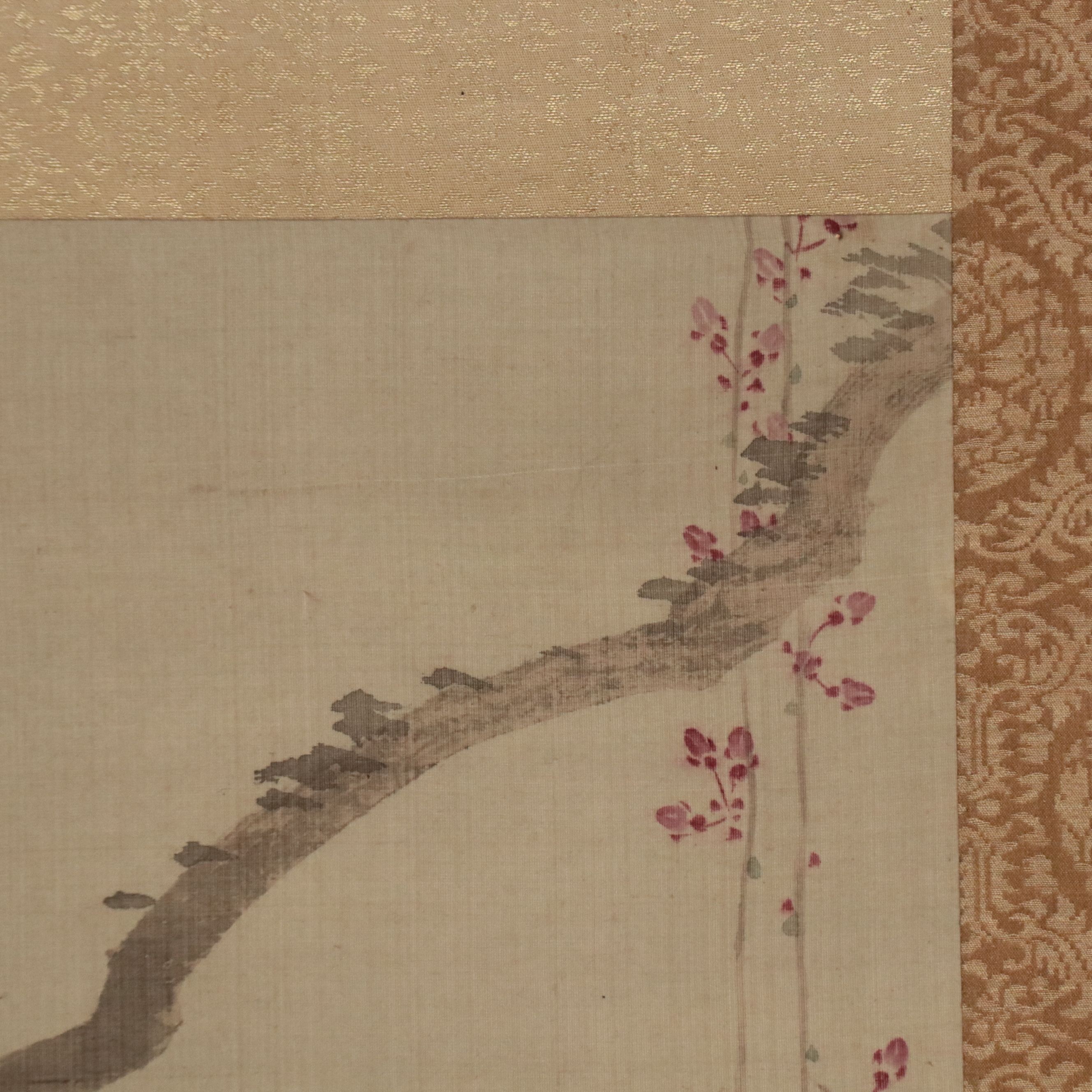 Japanese School Scroll with Watercolor Painting of Blossoms and Moon