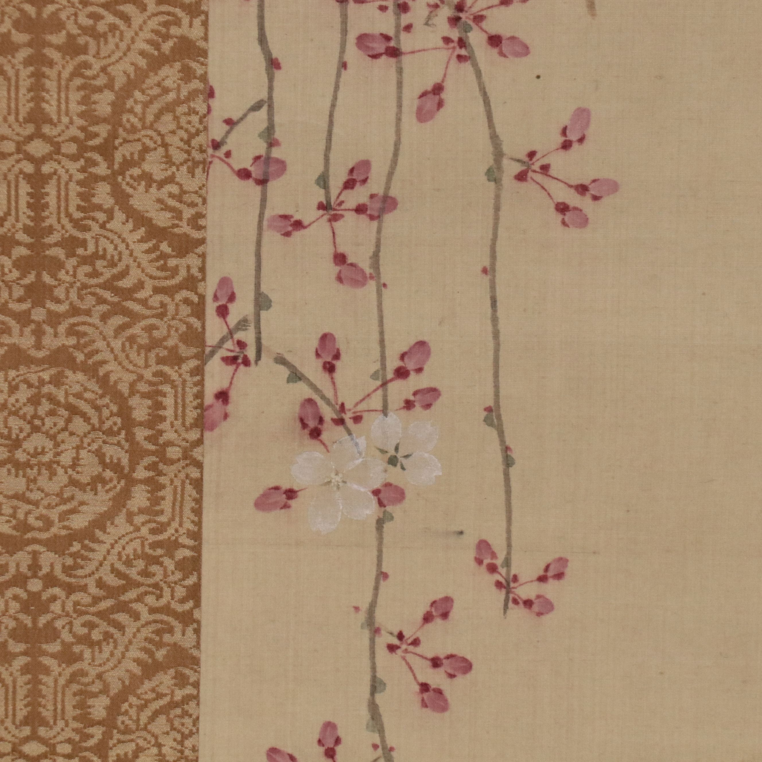 Japanese School Scroll with Watercolor Painting of Blossoms and Moon