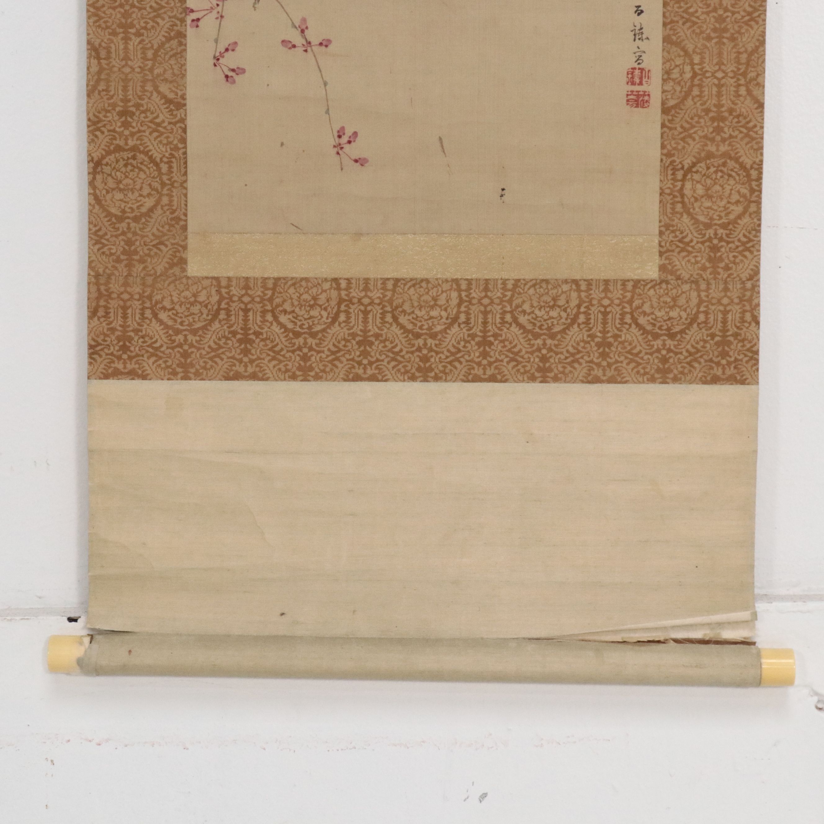 Japanese School Scroll with Watercolor Painting of Blossoms and Moon