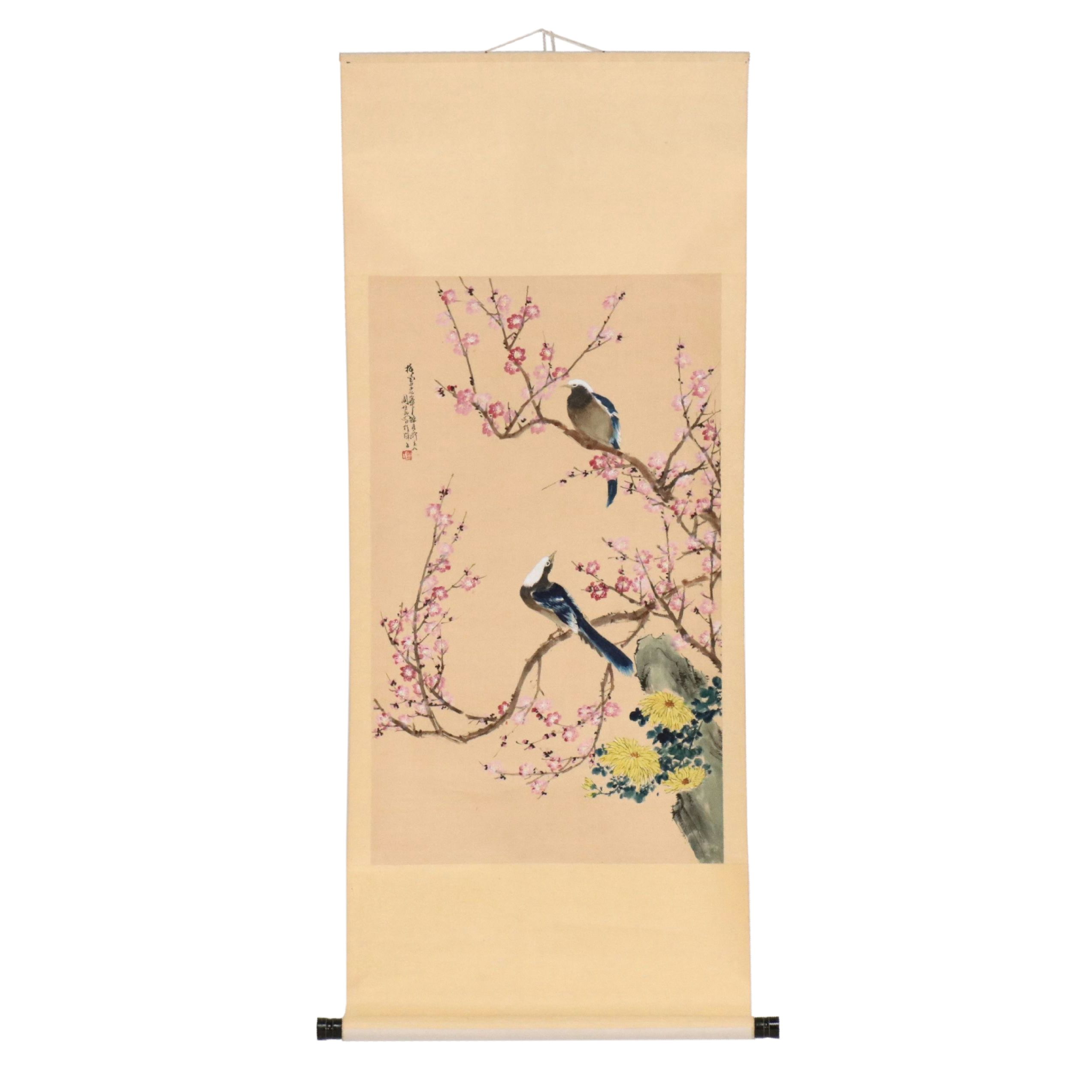 Chinese School Gouache Painting Scroll of Birds with Plum Blossoms